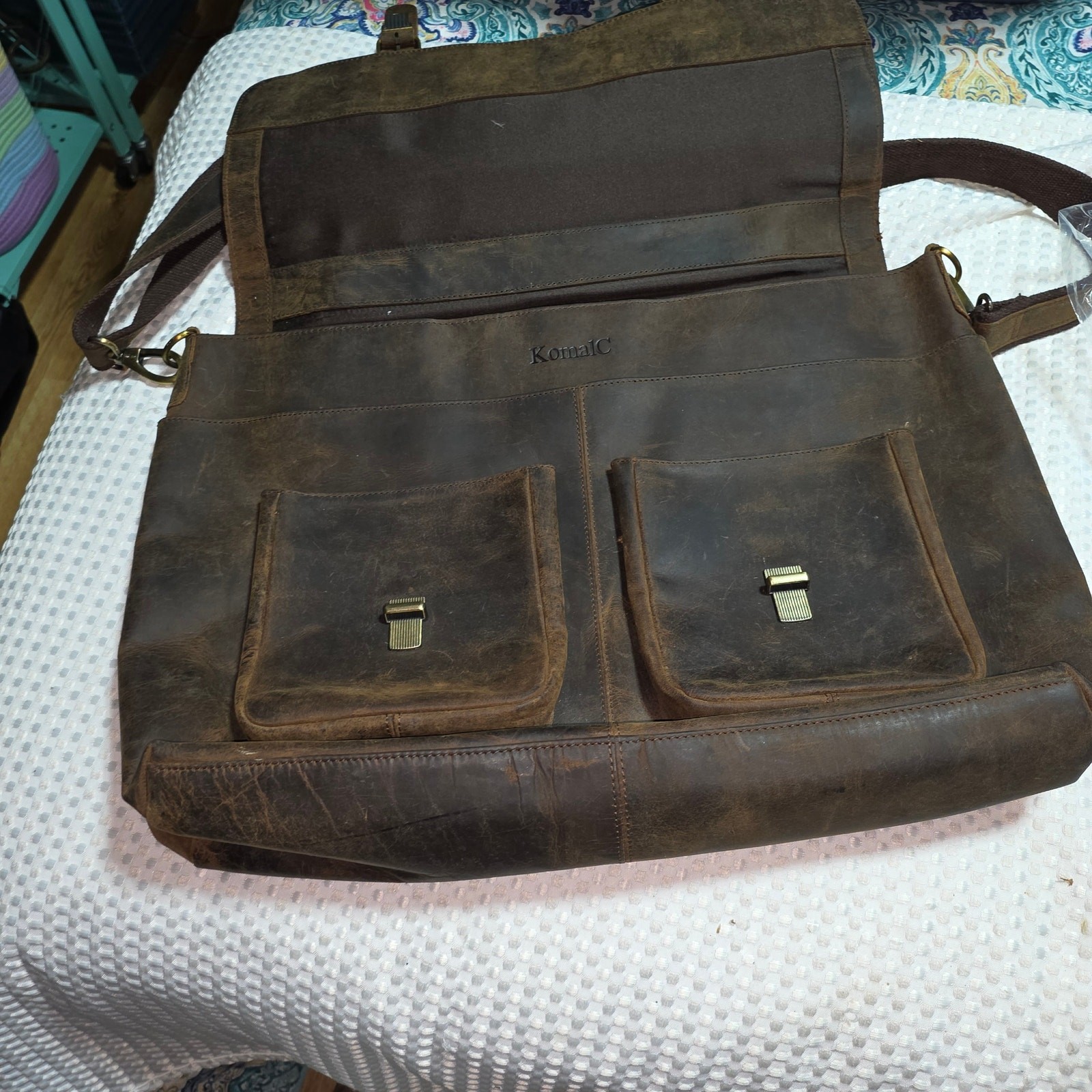 KOMALC XL 18″ BRIEFCASE BUFFALO LEATHER CROSSBODY MESSENGER BAG