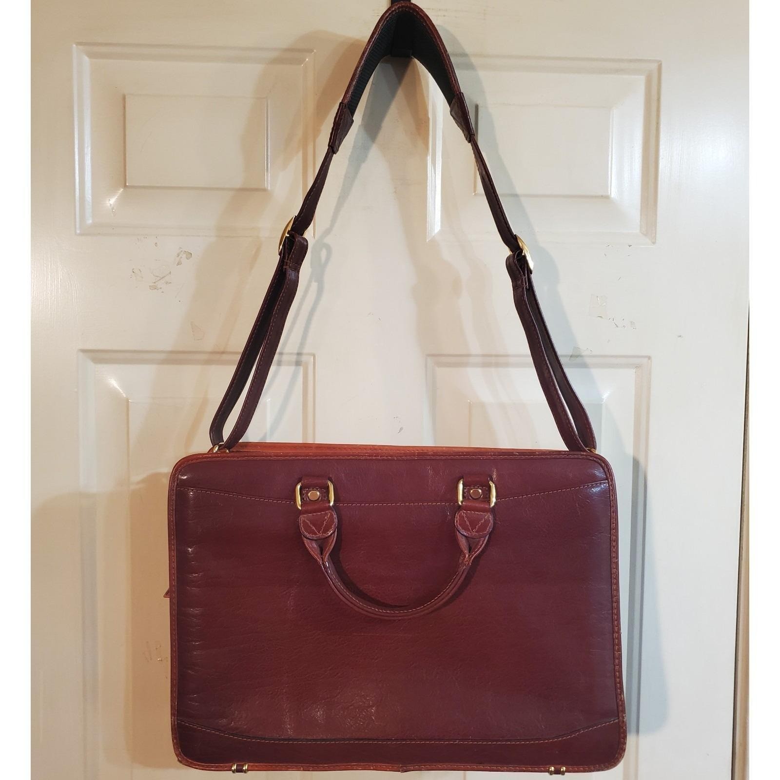 Cognac Brown Leather Briefcase Lap Top Case Dbl Handle Shoulder Strap Vantaggio