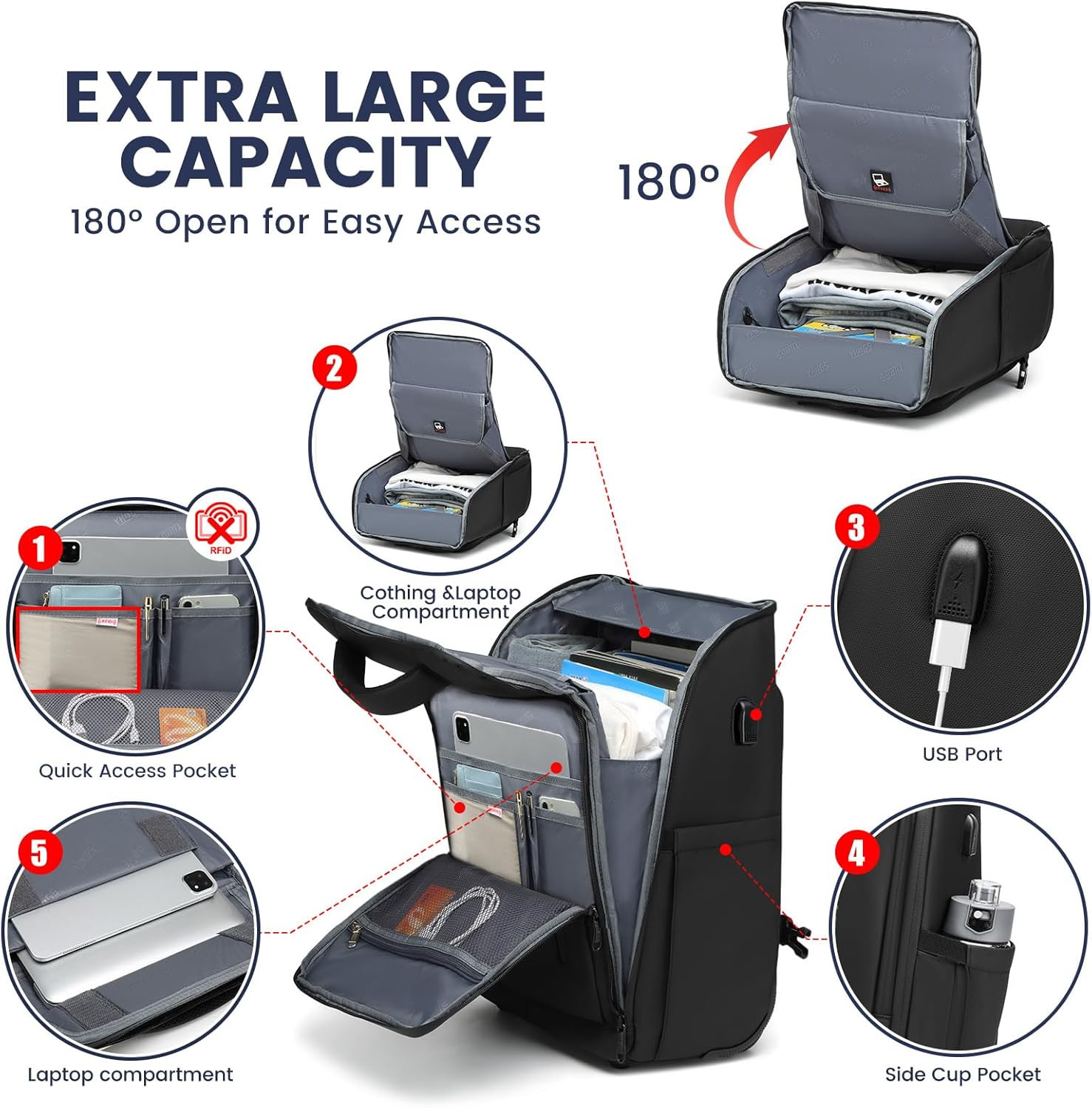 Rolling Backpack with Wheels, Waterproof Wheeled Backpack with USB Ports for Men