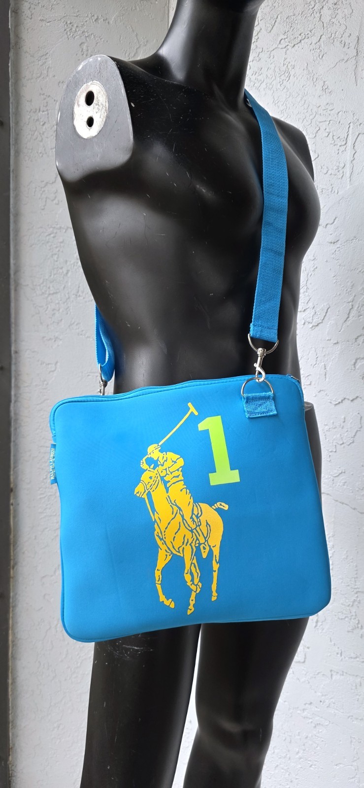 Ralph Lauren Blue The Big Pony Neoprene Laptop/Tablet Crossbody Bag 13×11.5