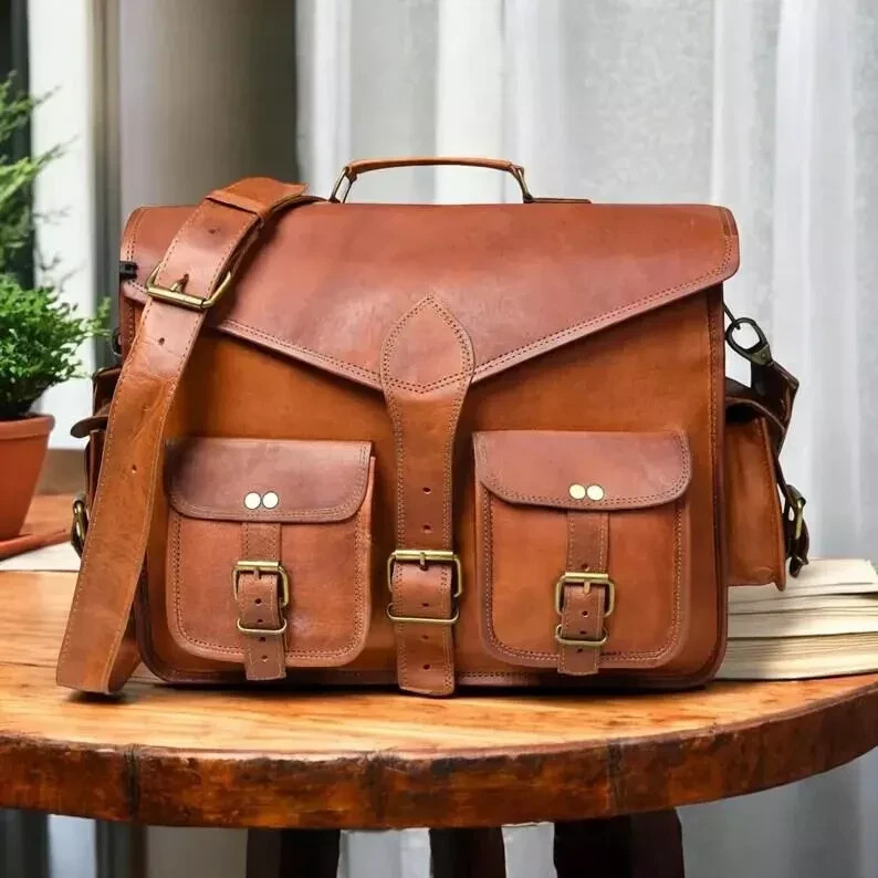 Vintage Brown Genuine Leather Laptop Messenger Bag Men’s Shoulder Briefcase
