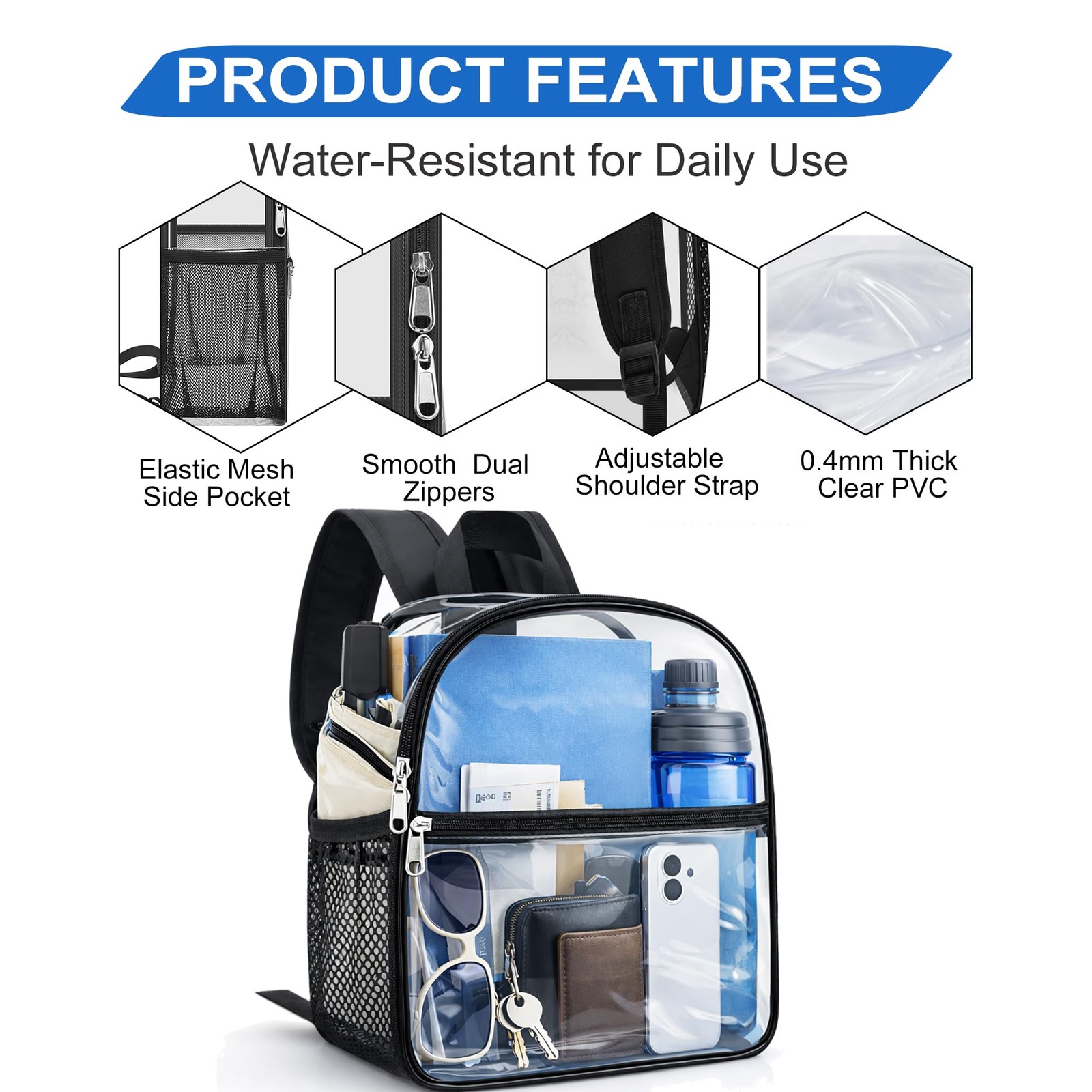 Oraben Clear Backpack Stadium Approved, Clear Bag 12 x 6 x 11 in, Small Trans…