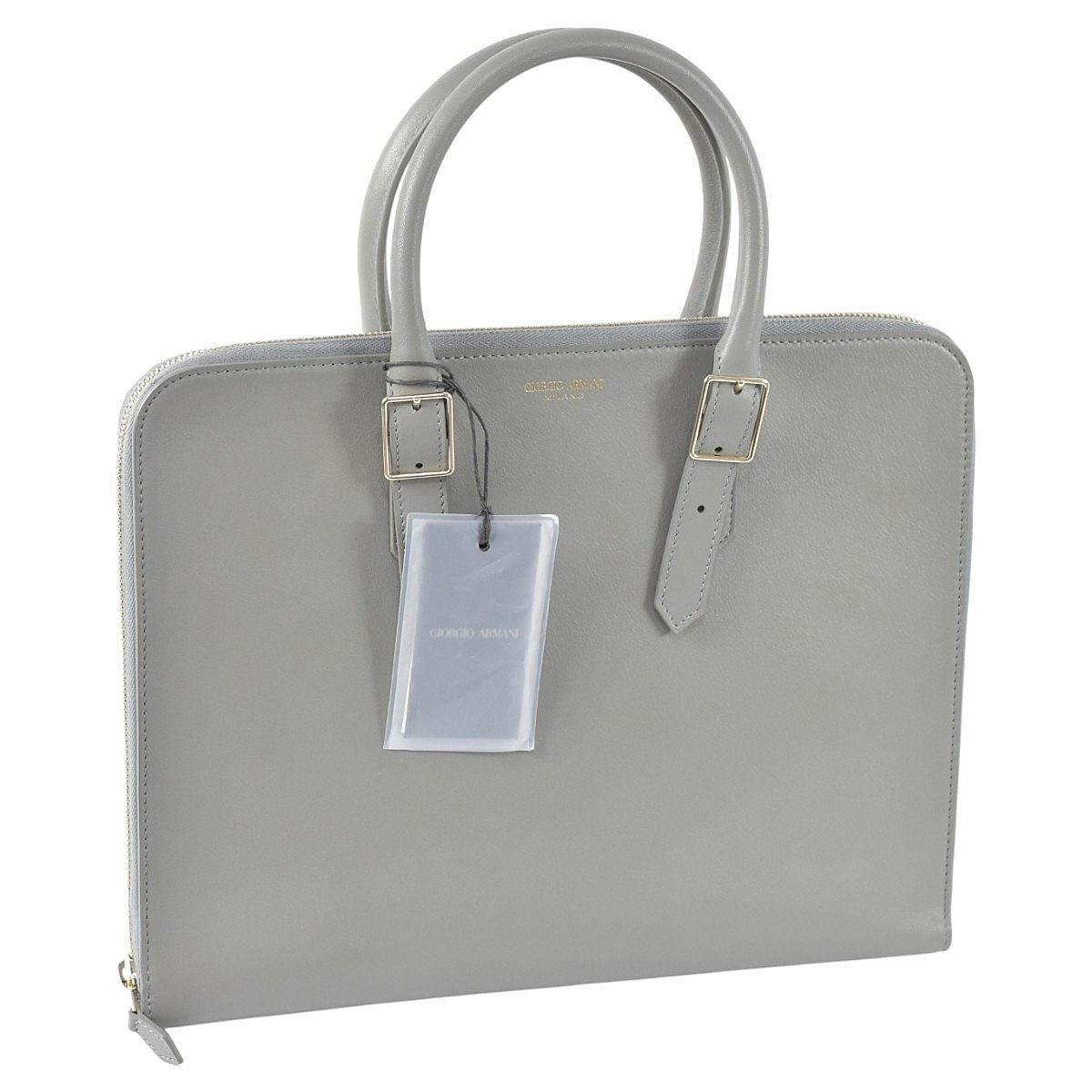 GIORGIO ARMANI Briefcase Slim Gray Leather Business Bag Unused 10×13×1.2in