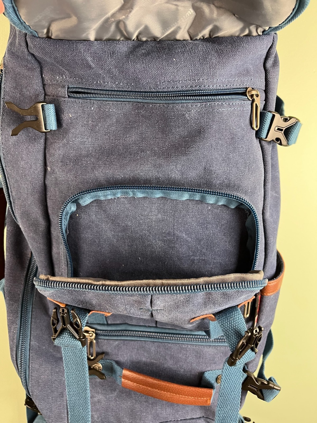 WITZMAN Travel Backpack Convertible Canvas Bag Navy Blue Leather Trim Luggage
