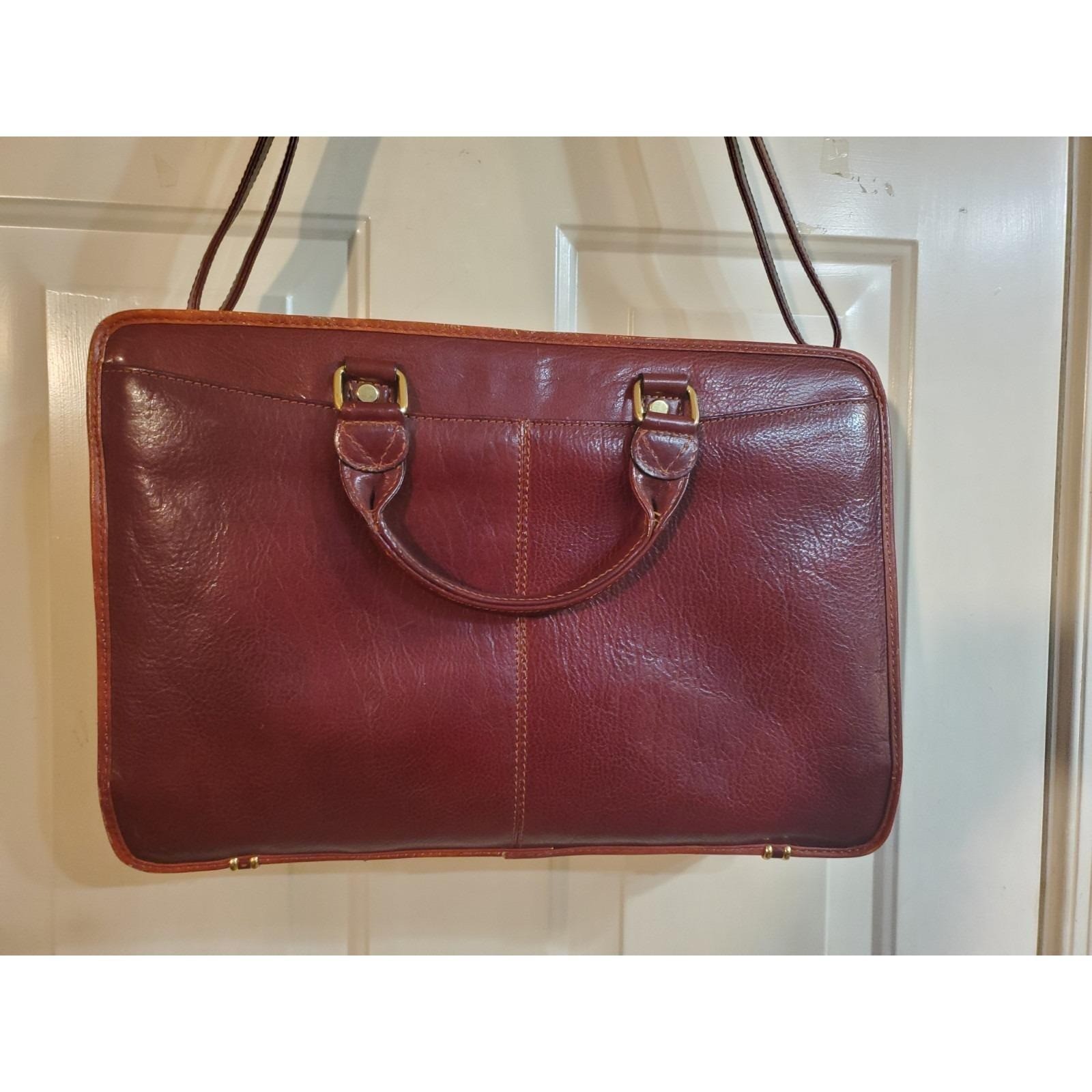 Cognac Brown Leather Briefcase Lap Top Case Dbl Handle Shoulder Strap Vantaggio