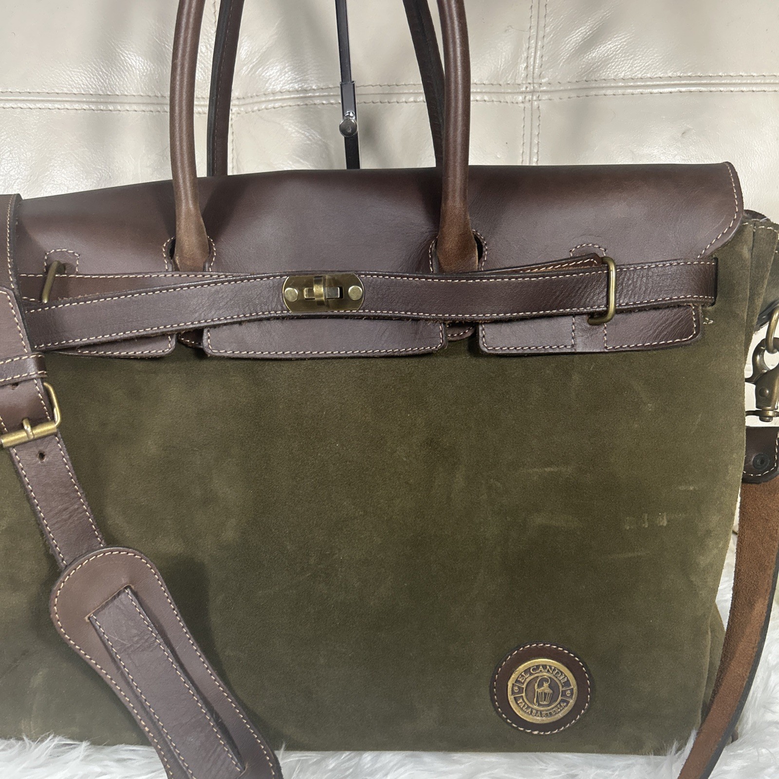 Weekender Overnight Bag Suede Green Brown Crossbody Argentina Free Ship!Rare!