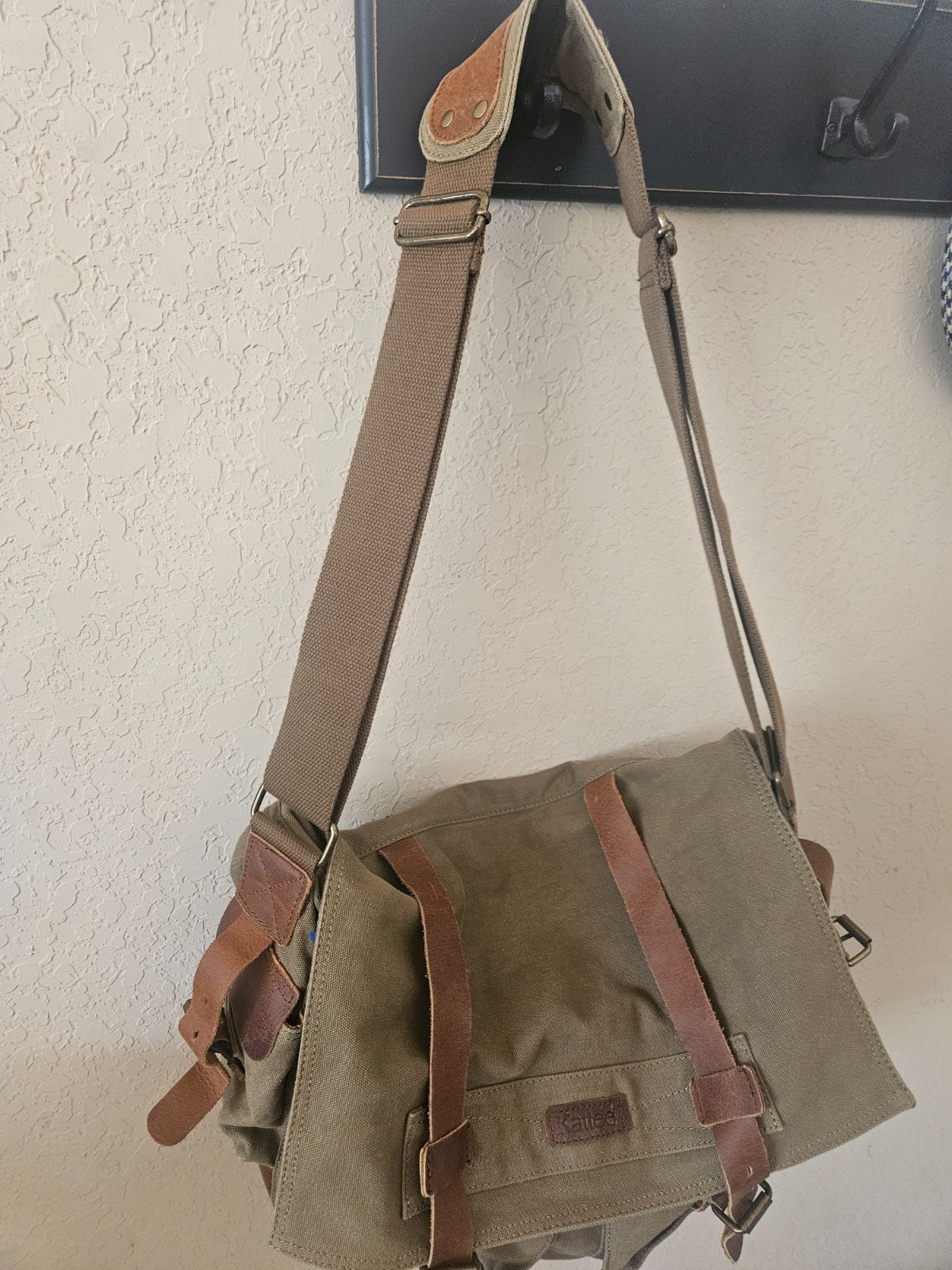 Kattee Messenger Bag Canvas Leather Khaki Color Magnetic Zipper Closures Straps