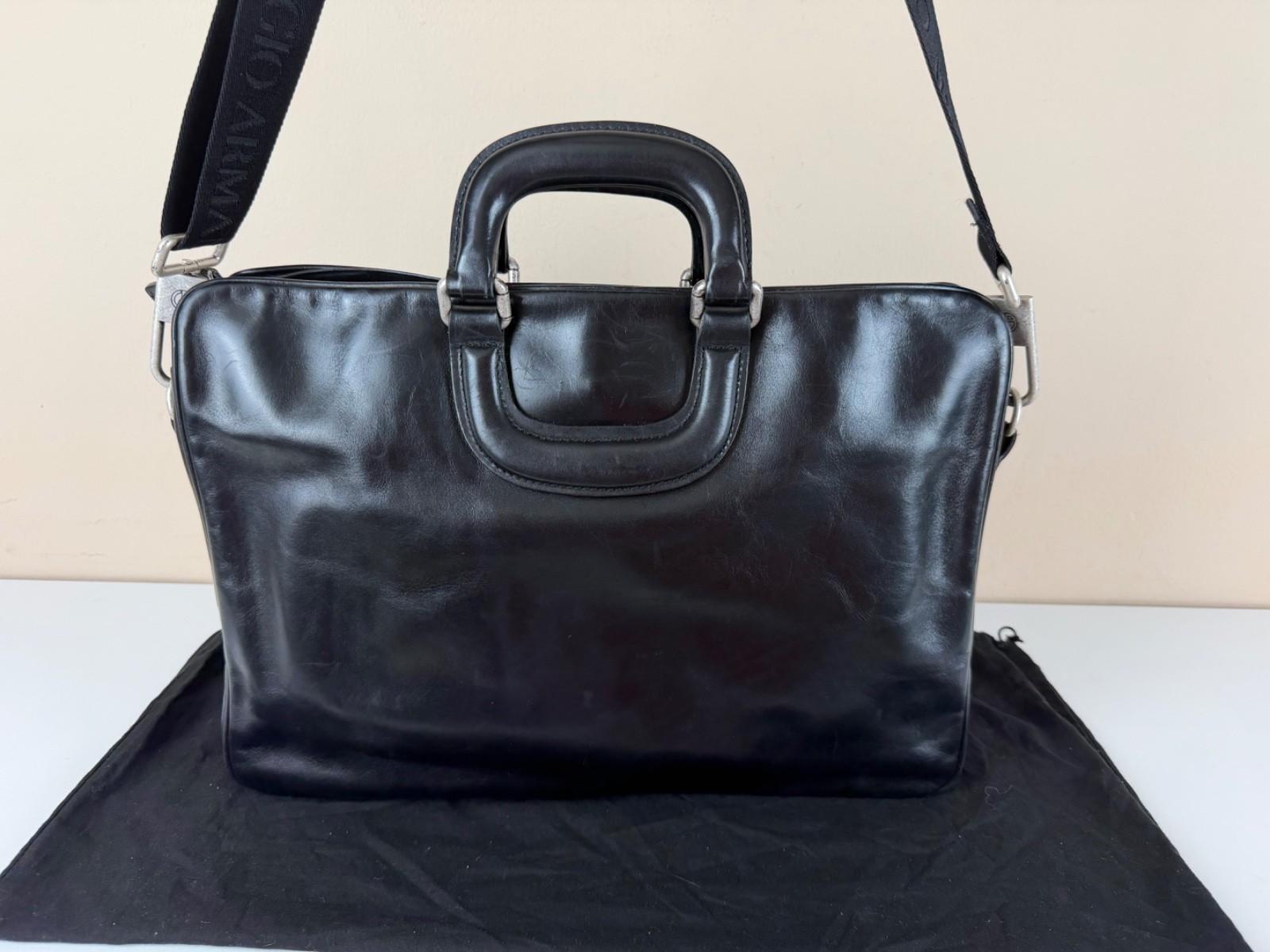 Giorgio Armani Black Leather Briefcase/Business Bag with Shoulder Strap
