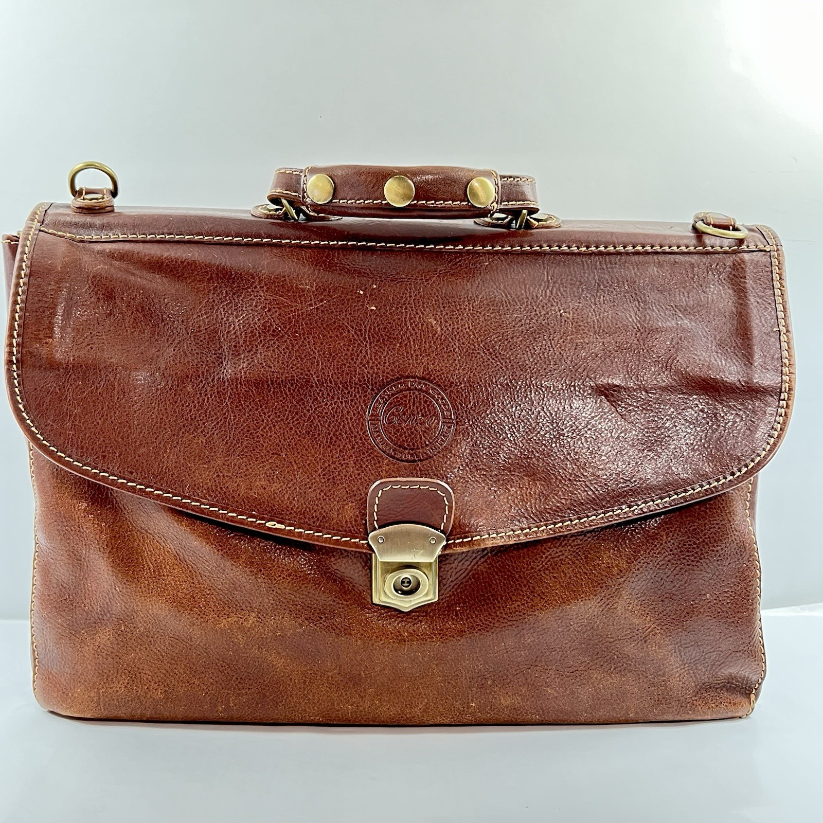 Cenzo Leather Briefcase Messenger Bag Floto Italian Calfskin Brass Hardware