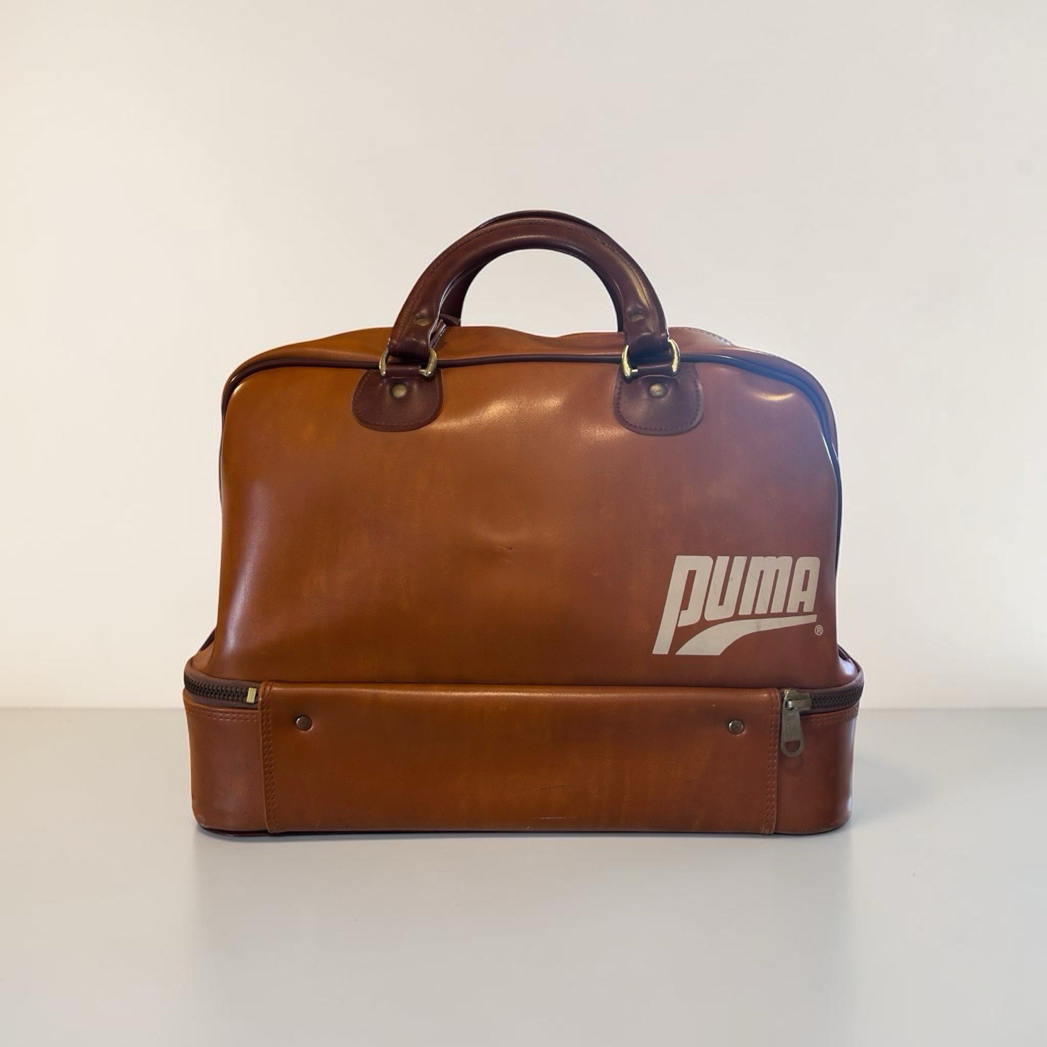 Vintage 70s Puma Leather Travel Bag Brown Duffel Taiwan Metal Zippers Athleisure