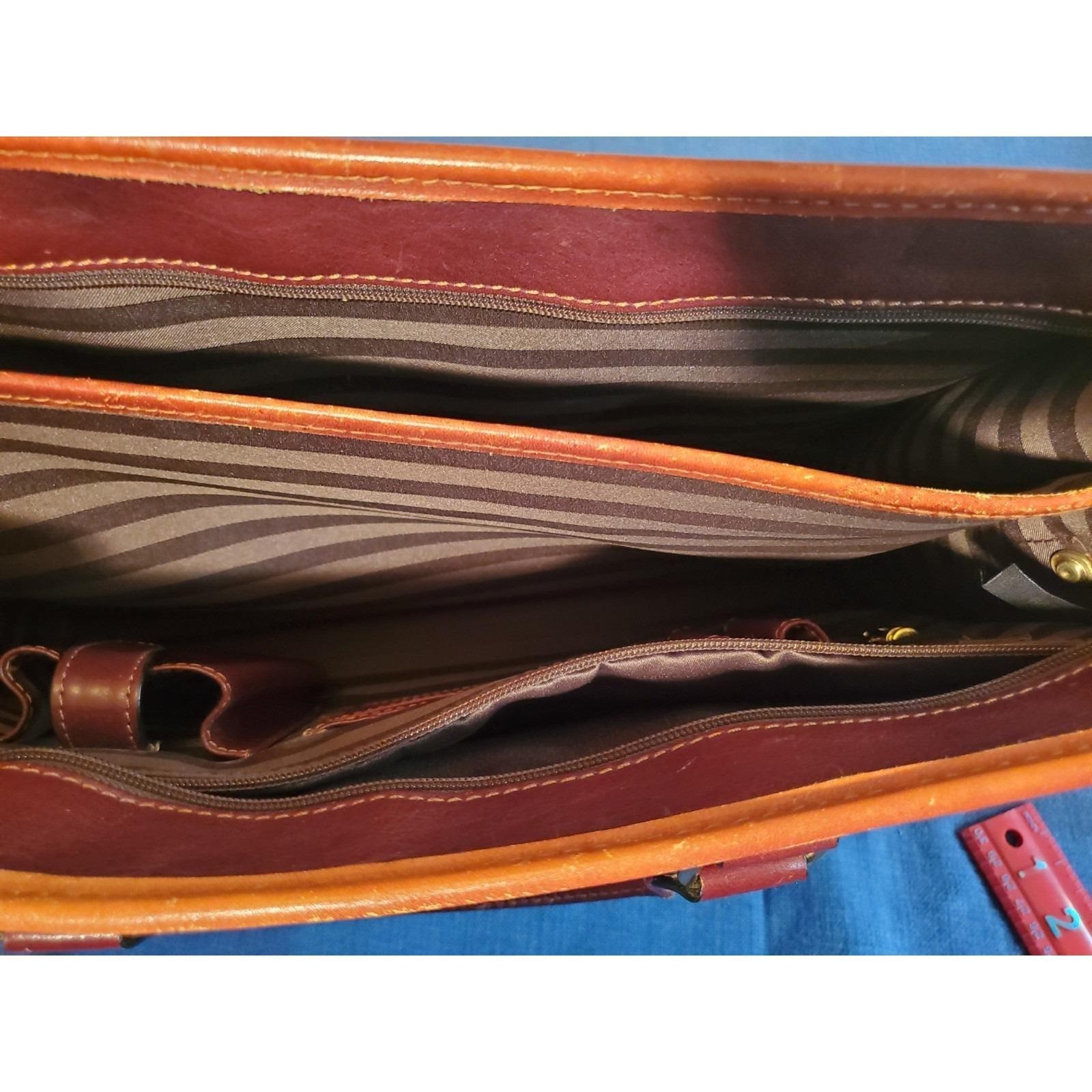Cognac Brown Leather Briefcase Lap Top Case Dbl Handle Shoulder Strap Vantaggio
