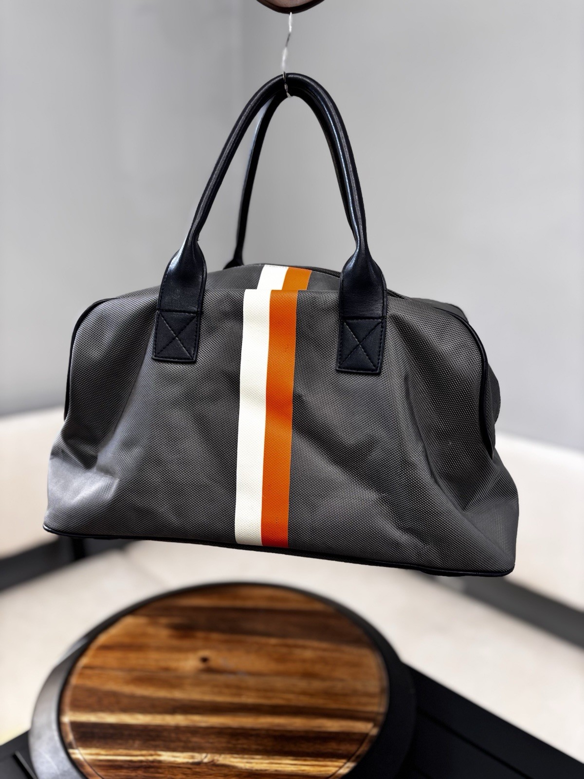 Grey Canvas Weekender Duffle Bag Retro Racing Stripe Travel Overnight Carry On