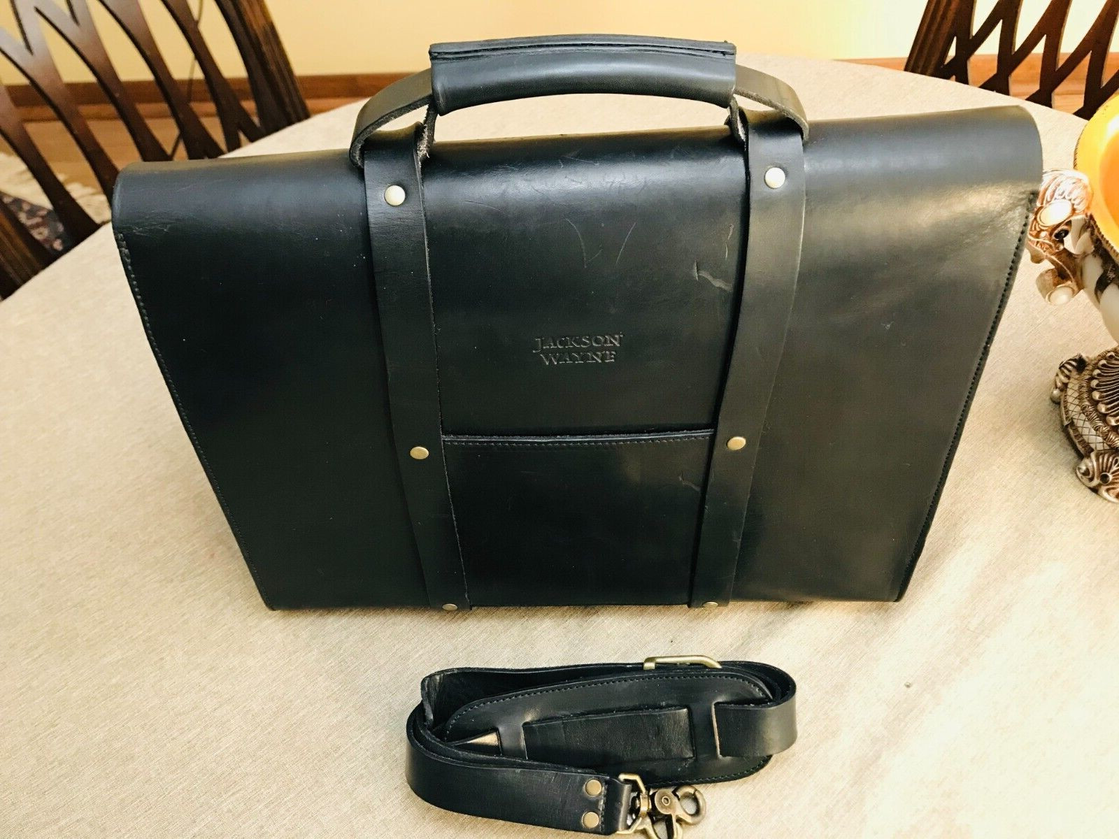 JACKSON WAYNE Black Heavy Saddle Leather Briefcase / Messenger Bag – US Made