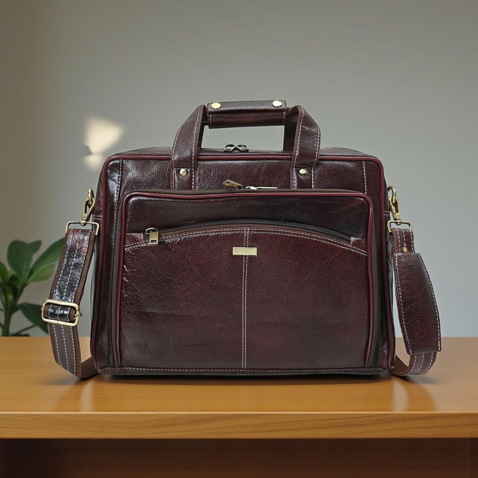 Men’s Brown Leather Briefcase, 15.6″ Laptop Bag with Shoulder Strap