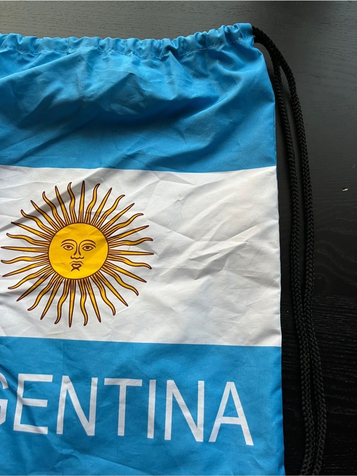 Argentina Drawstring Travel Bag – Light Blue White Sun of May 15″x18″