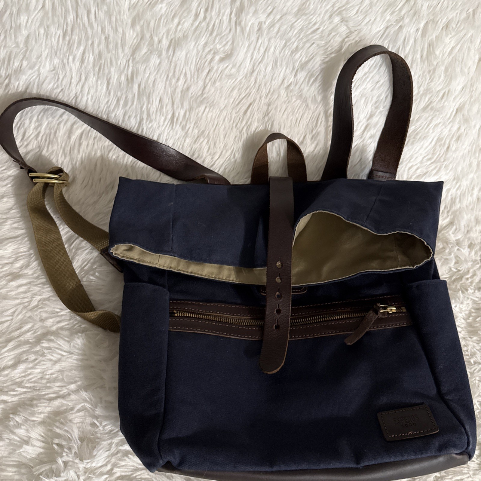 Esperos Soho Rolltop Backpack Navy Canvas Leather Straps USA Made Laptop Bag