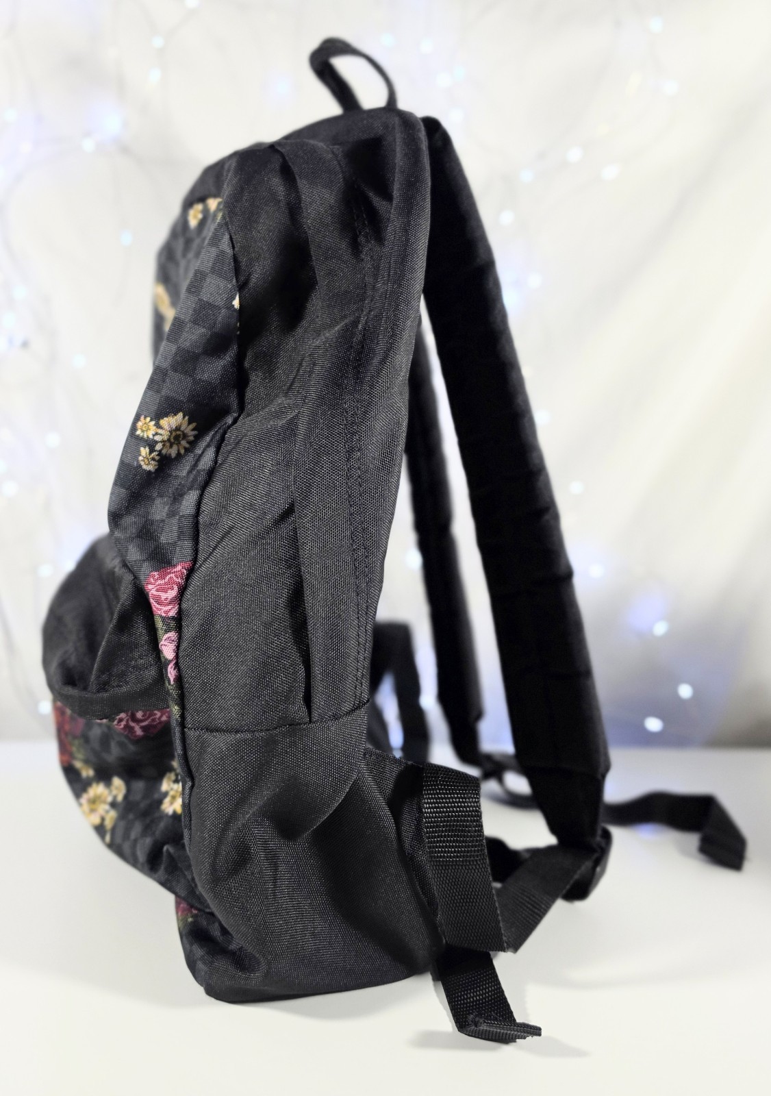 Vans Realm Backpack Black Charcoal Checkerboard Floral Roses Daisy Backpack A34