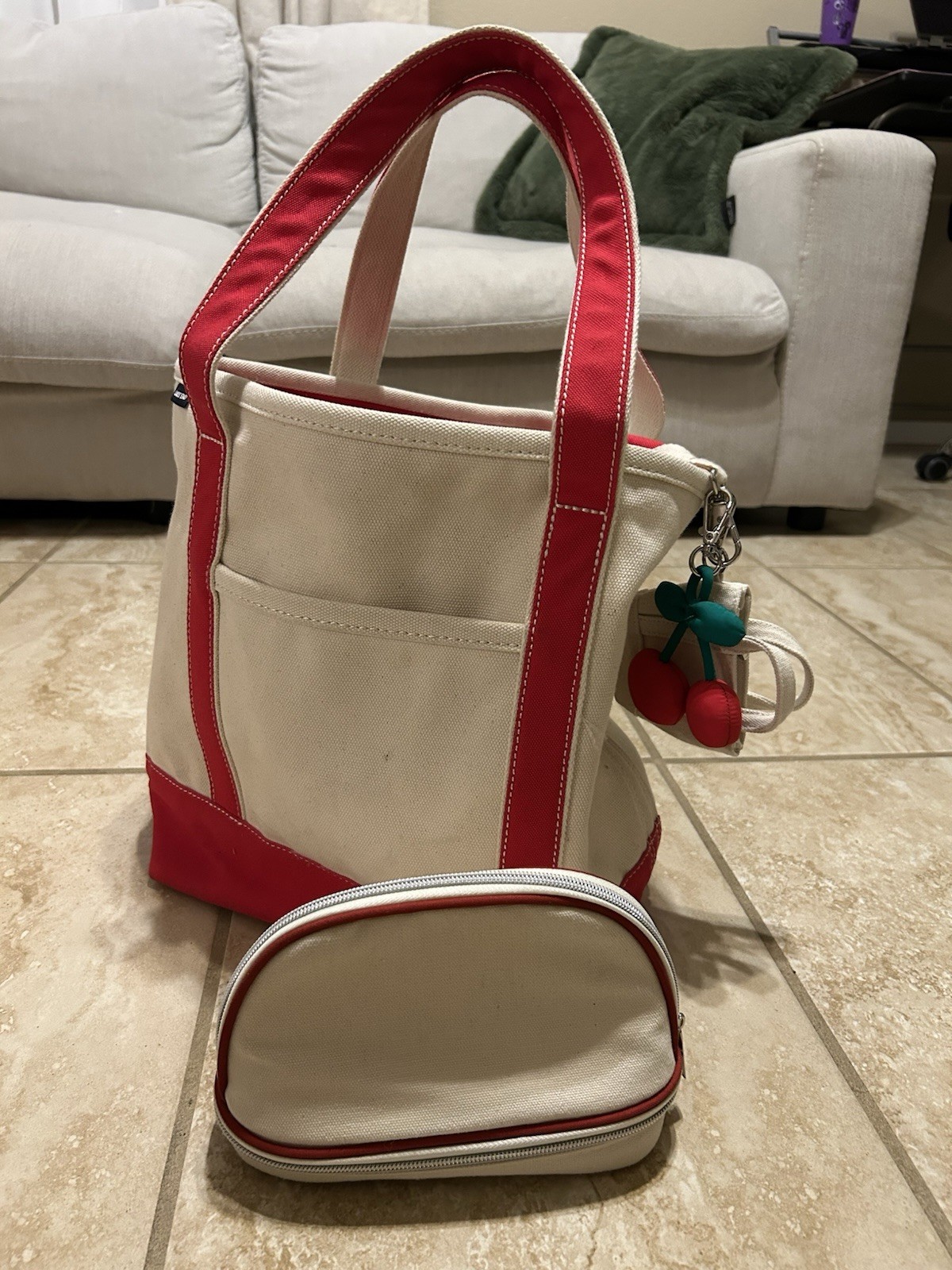 Lands End Boat And Tote Canvas Long Handles Ivory/Red Accessories Cherry Ll Bean
