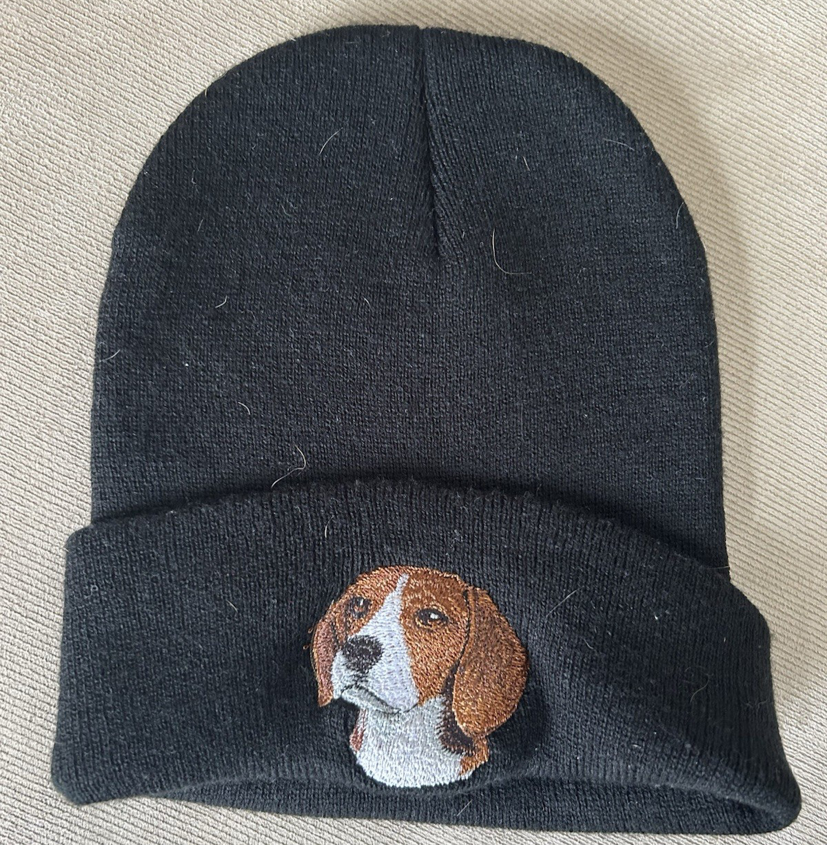 Black Beanie Unisex Winter Hat Embroidered Beagle Dog Face Cute