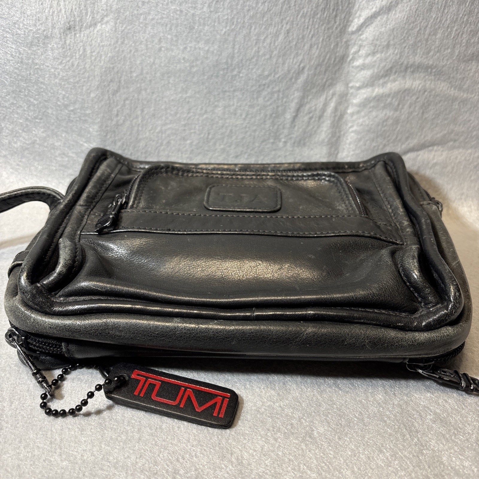 TUMI Second Bag Clutch Bag Leather Black Multi Pocket Japan W/ Charm Authentic