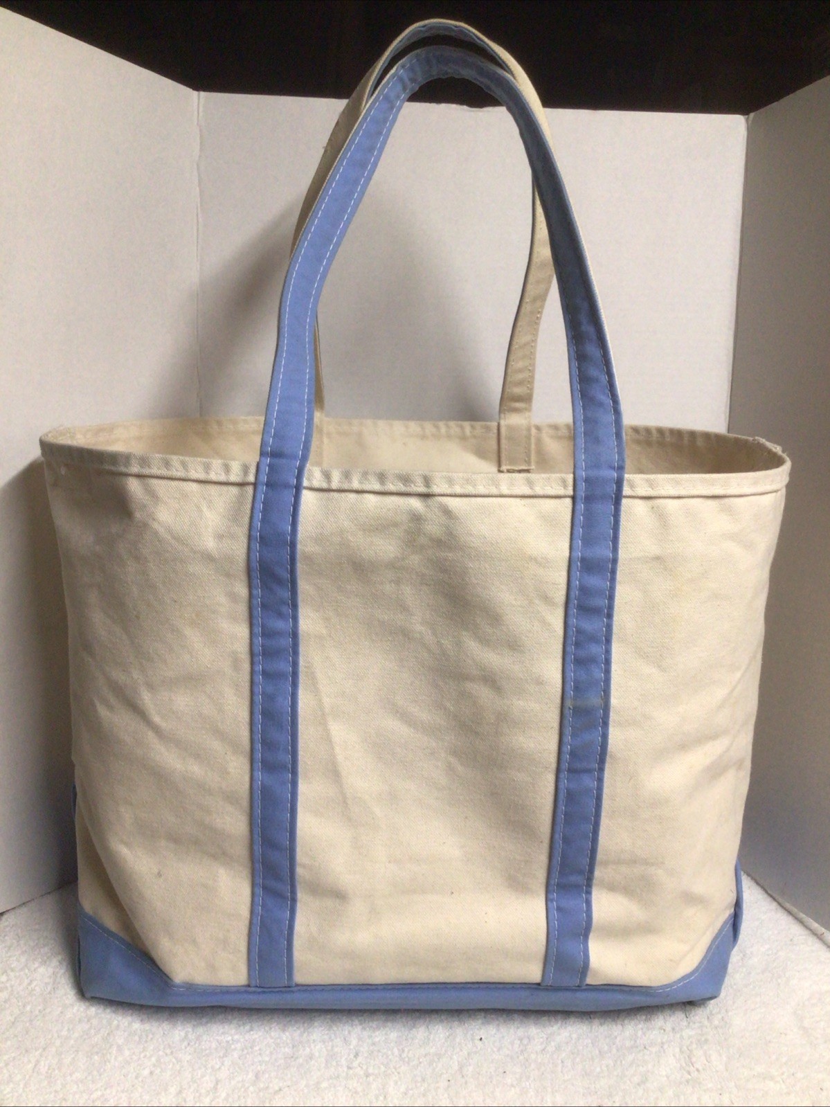 Vintage LL Bean Boat & Tote Cream Light Blue Trim Canvas Size L USA READ