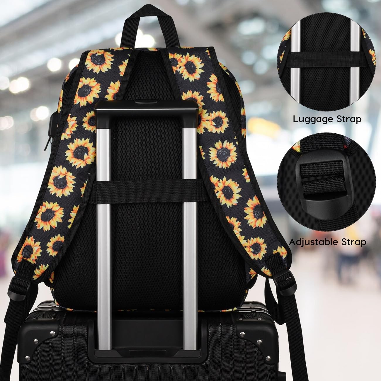 Sunflower School Backpack Men Boy Bookbag With USB Charging Port For Travel
