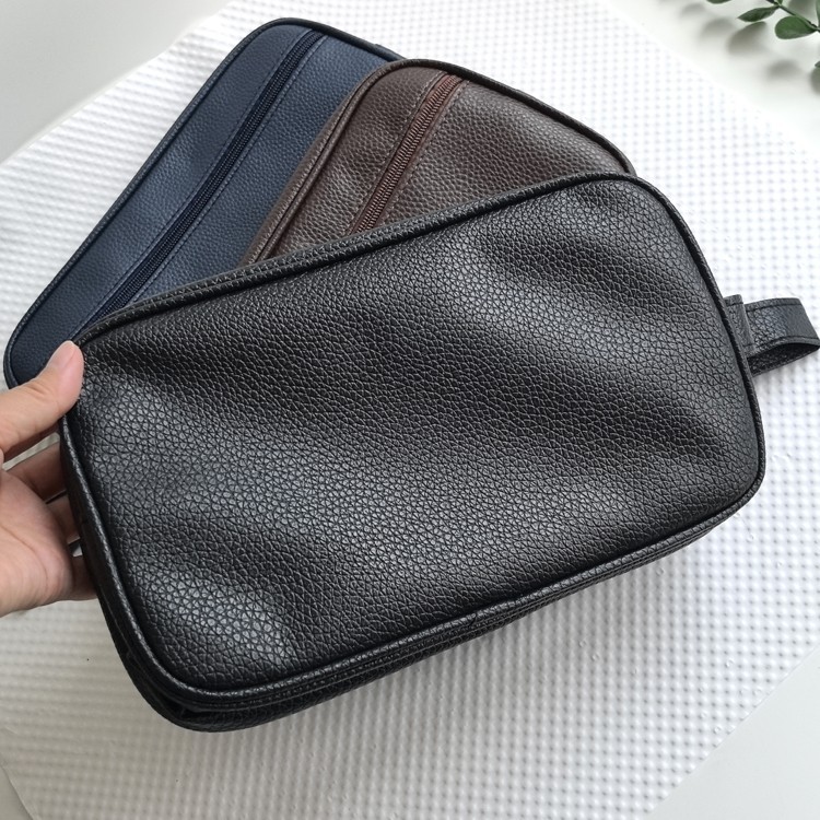 Mens Toiletry Bag with Zipper PU Leather Case Organizer Portable Travel Dopp Kit