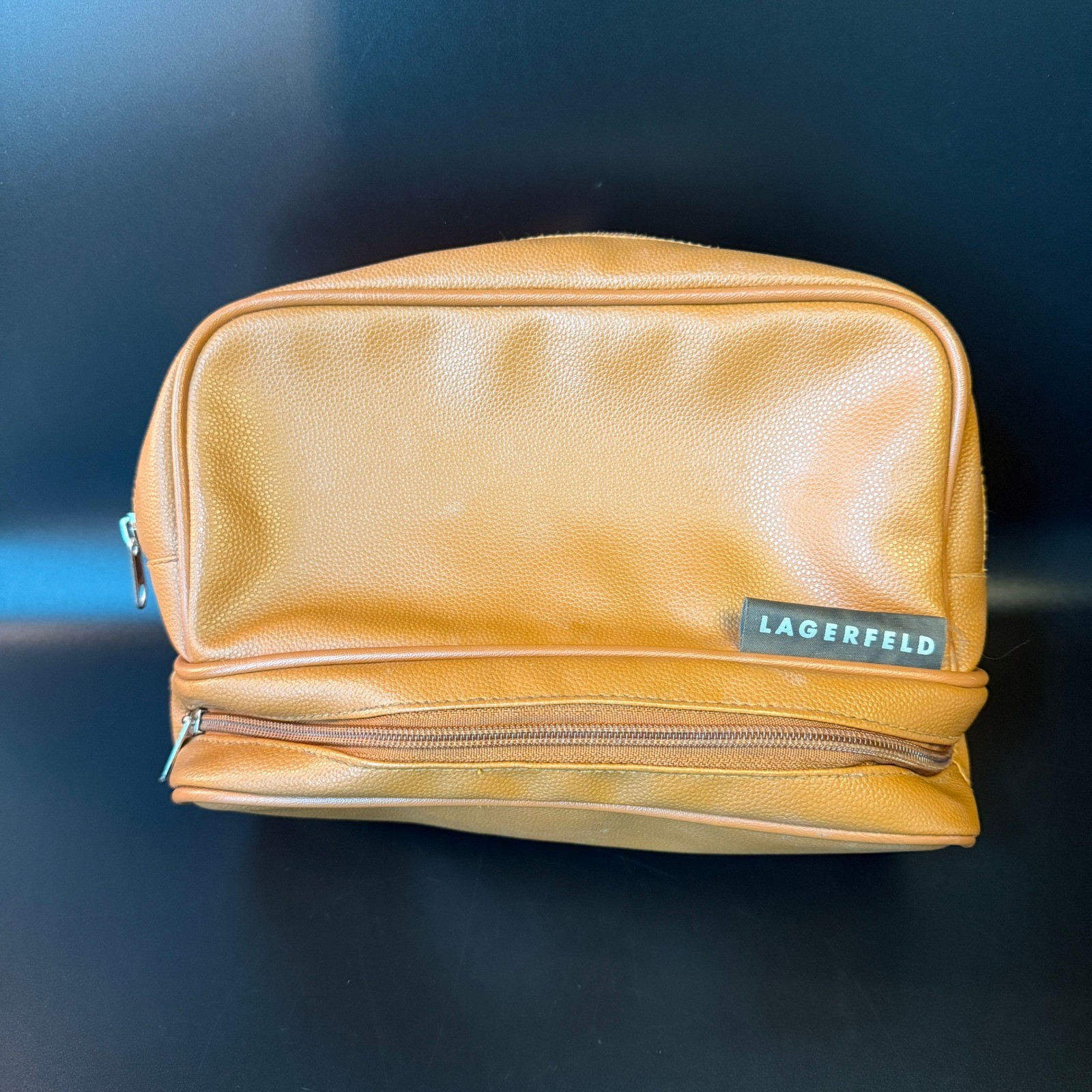 Lagerfeld Vintage Tan Pebbled Faux Leather Toiletry Dopp Kit Bag Mens OS