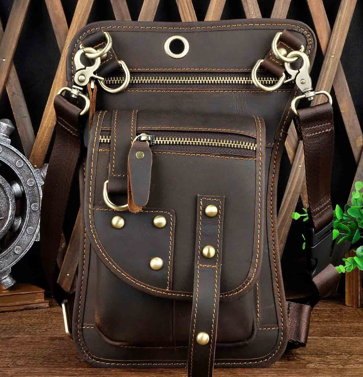 Mens Waist Pack Messenger Shoulder Bag Genuine Leather Motorcycle Drop Leg Bag