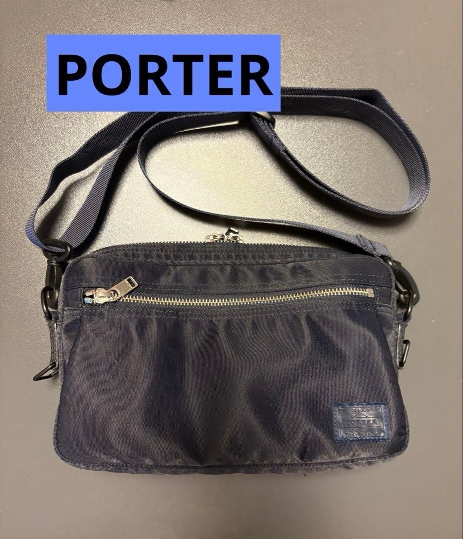 PORTER Yoshida Navy Shoulder Bag Men Zip Front Pocket Inner Pocket 14x23cm