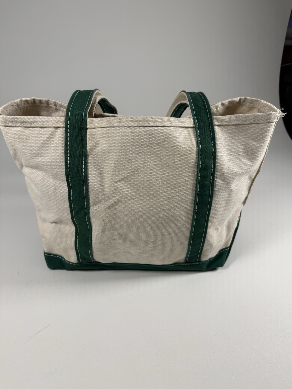 LL Bean Boat and Tote Canvas Bag 12.5″ 5.5″ Green White Made In USA Stiff