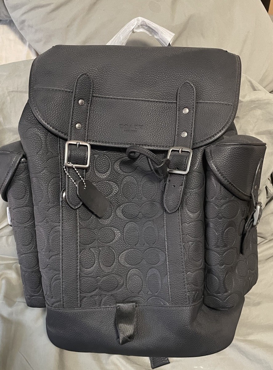 Coach Black Logo Print Men’s Backpack Drawstring & Buckle Closure Outer Pockets