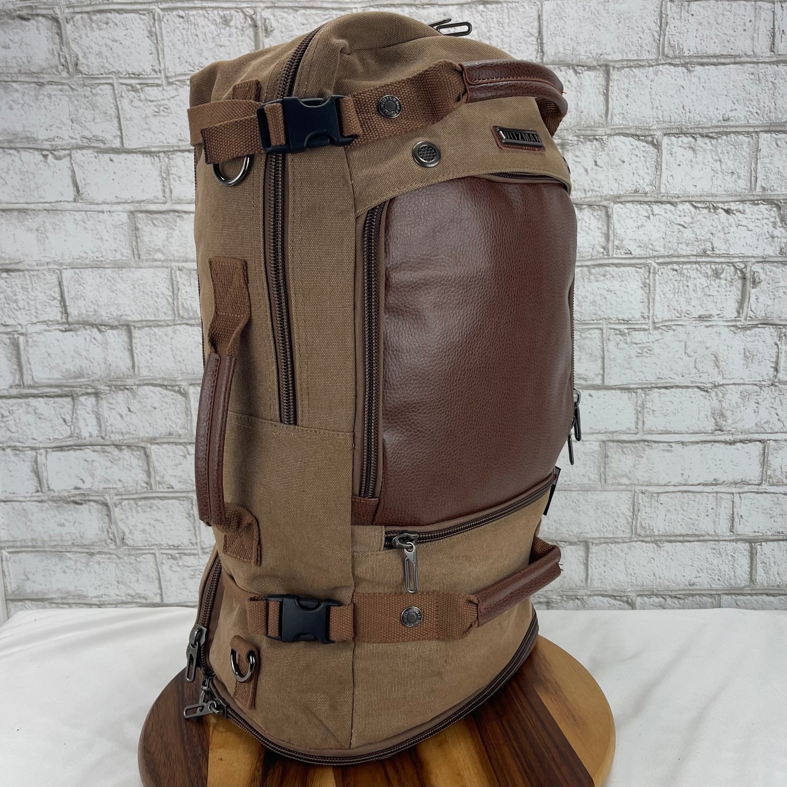 Witzman Brown Canvas Leather Multipocket Laptop Convertible Back Pack Travel Bag