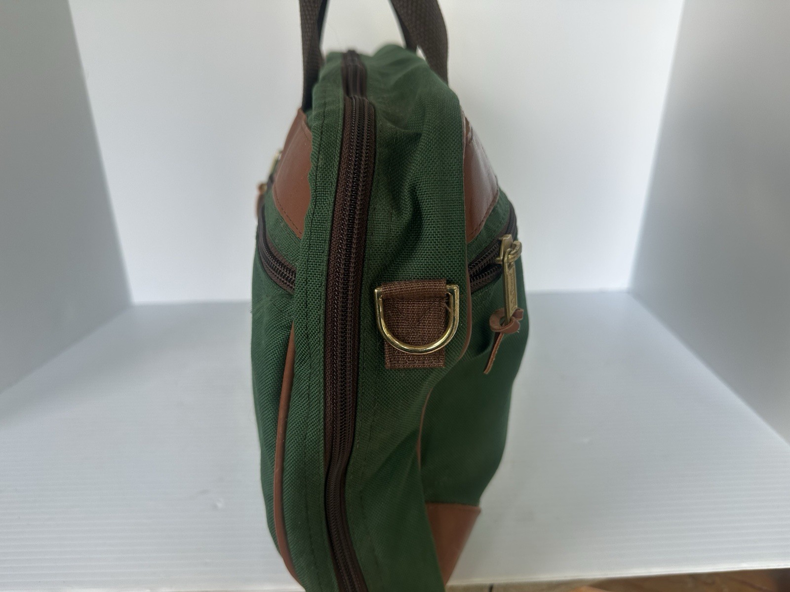 LL Bean Vintage Canvas/Leather Briefcase Laptop Bag Green Embroidered , No Strap