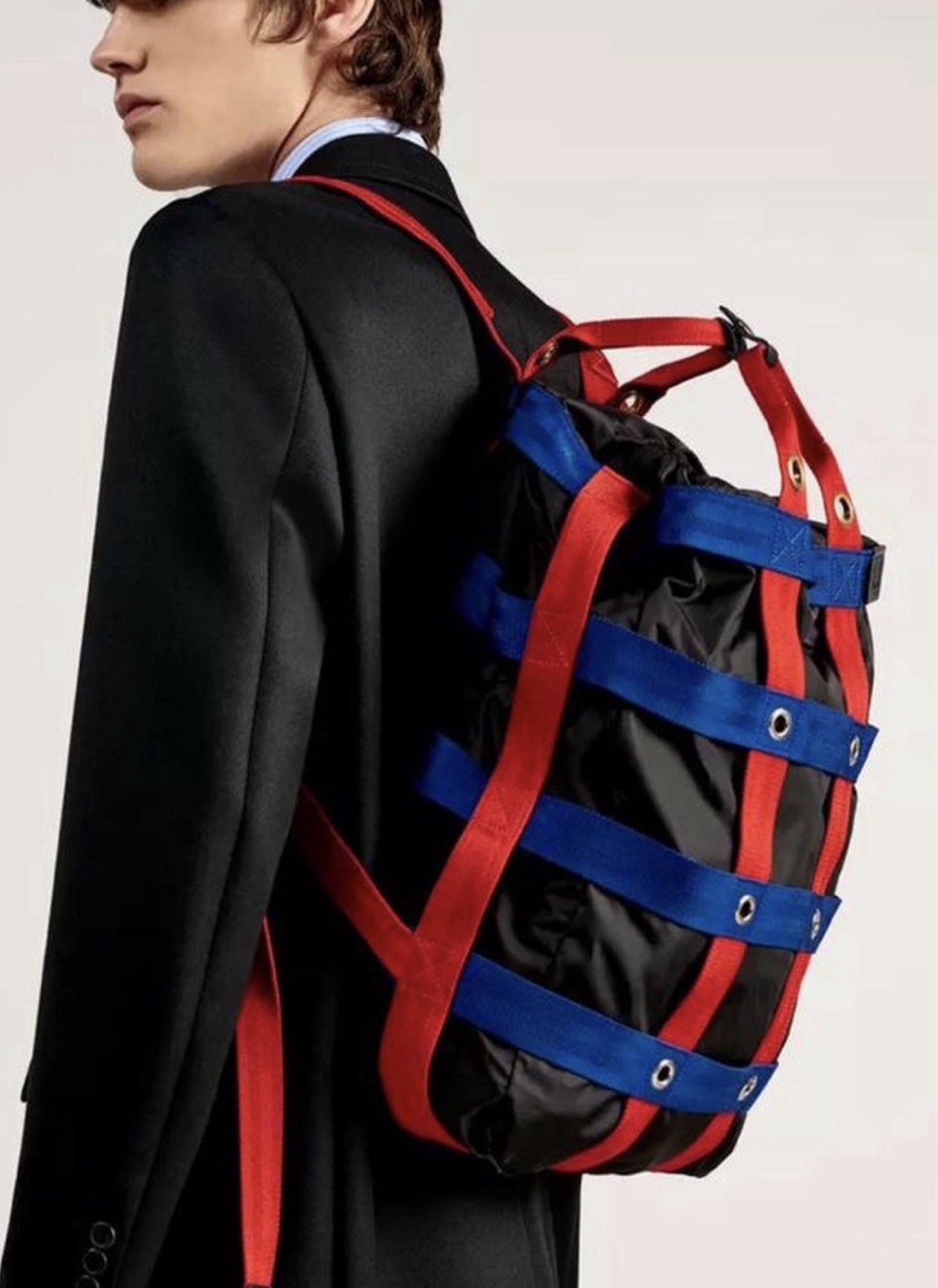 NWT $1083 Dunhill Black – Blue Backpack with red Straps Made in Italy.