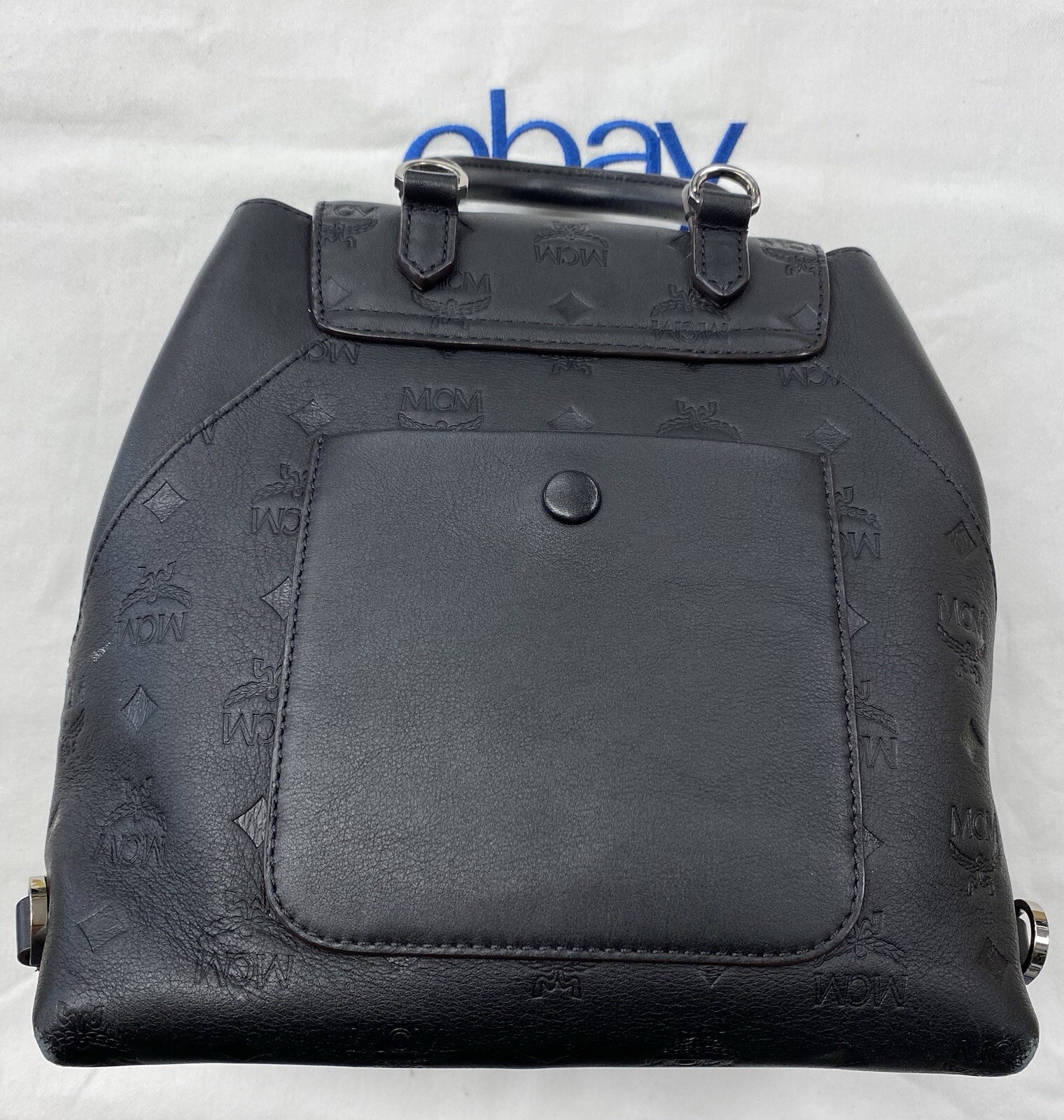 MCM Essential Monogram Leather Small Backpack In Charcoal 10×8.5×4.5 Dark Brown