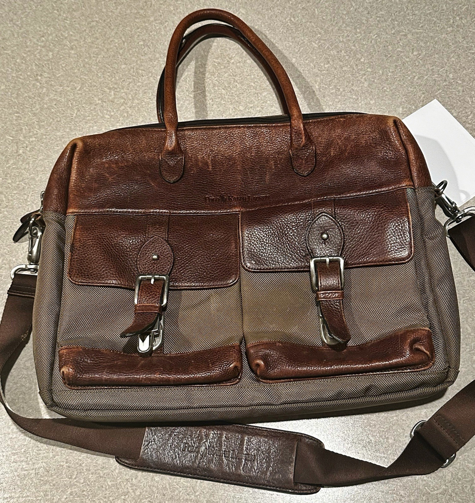Vintage Polo Ralph Lauren Leather Canvas Laptop Briefcase Messenger Bag Brown