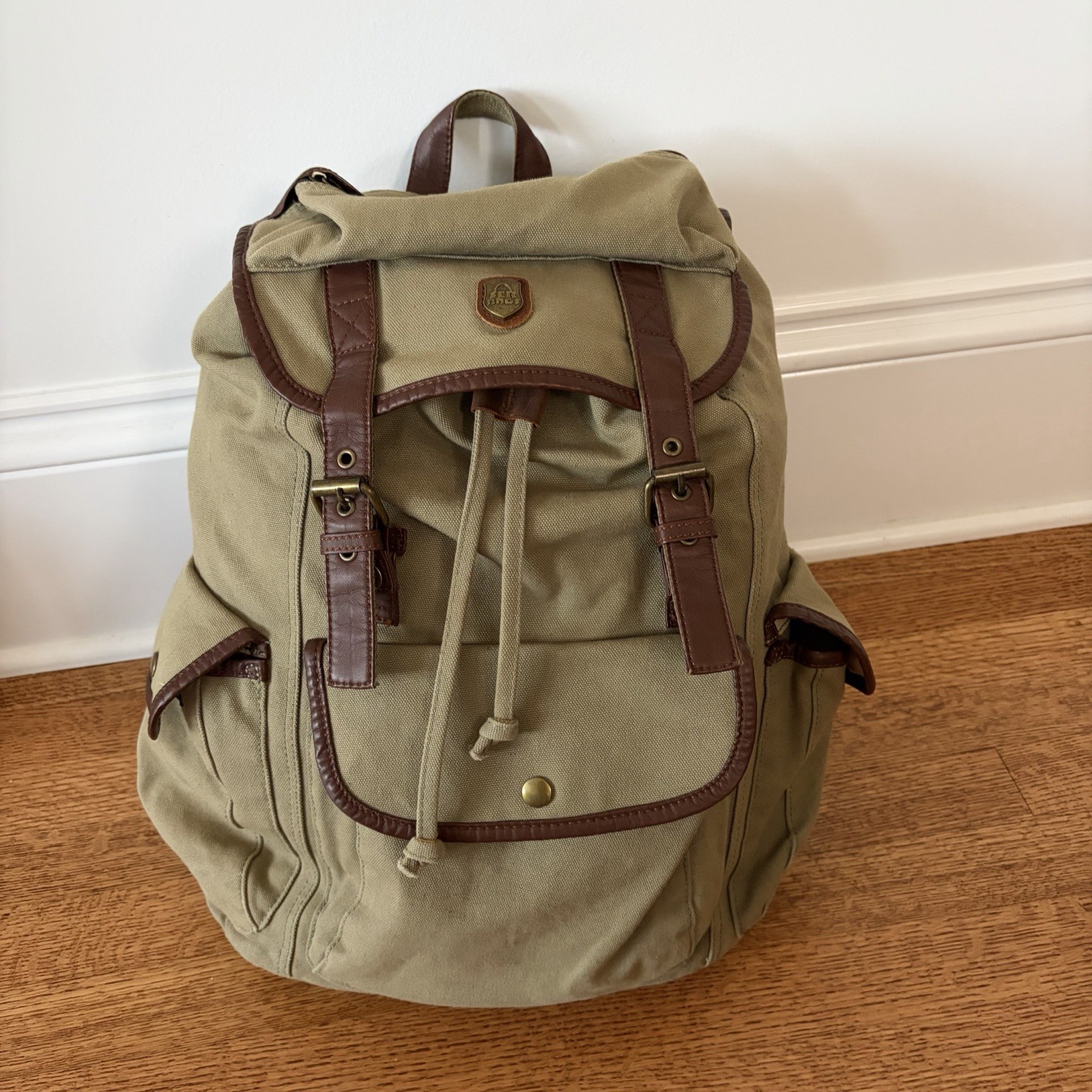 Serbags Washed Vintage-Looking Fashion Canvas Backpack Bag Leather Trim Beige