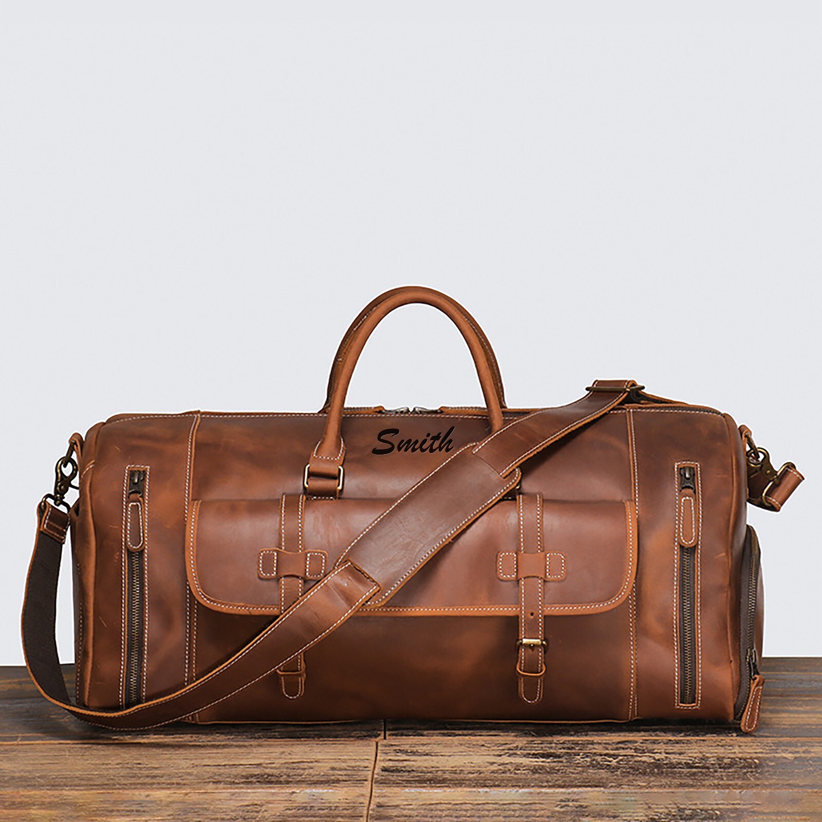 Personalized Leather Travel Duffel Bag, Mens Classic Gift Leather Weekend Bag