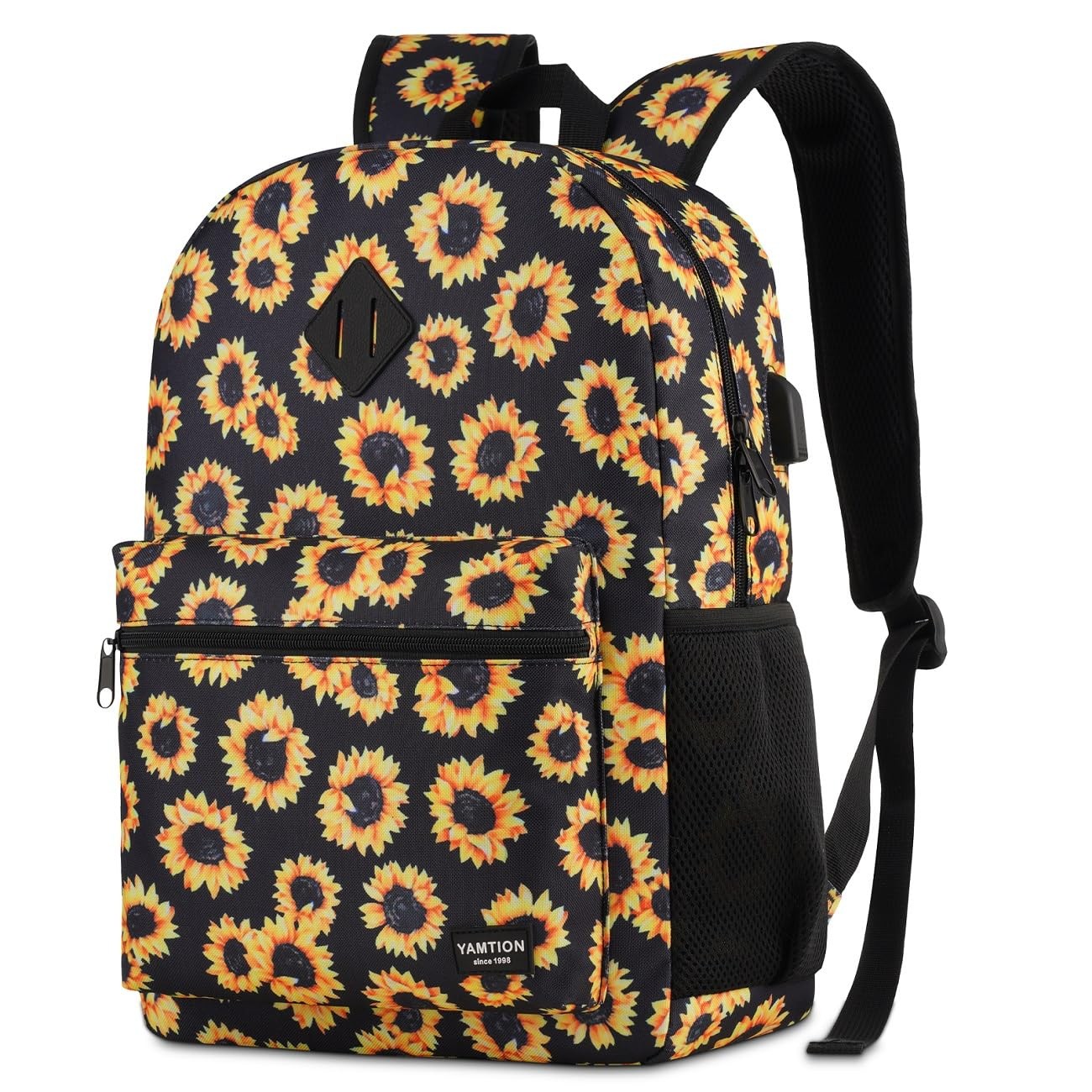 Sunflower School Backpack Men Boy Bookbag With USB Charging Port For Travel