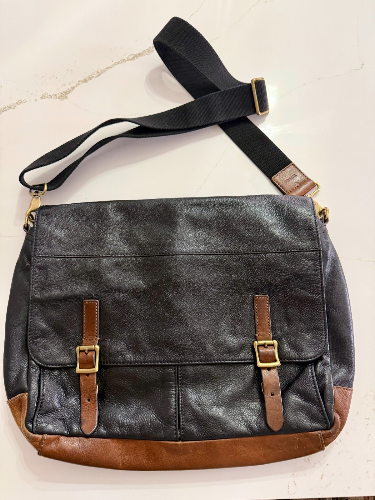 Fossil Leather Laptop Crossbody Messenger Bag Black Brown Canvas Strap