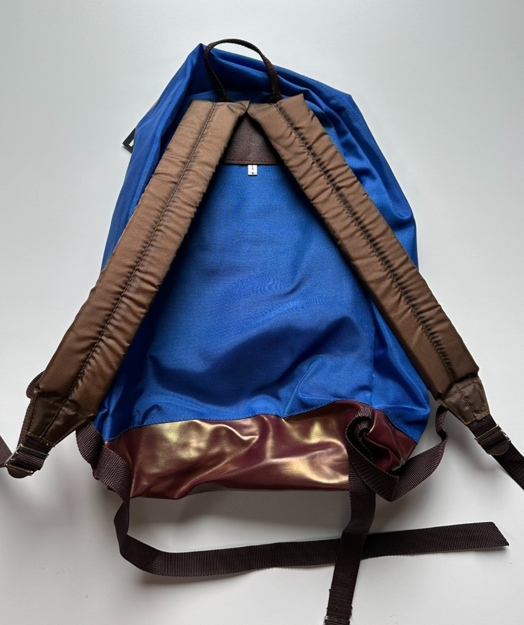 VTG NWT Taymor Montar Blue Brown Oxford Nylon Satin Backpack Vinyl Bottom RARE