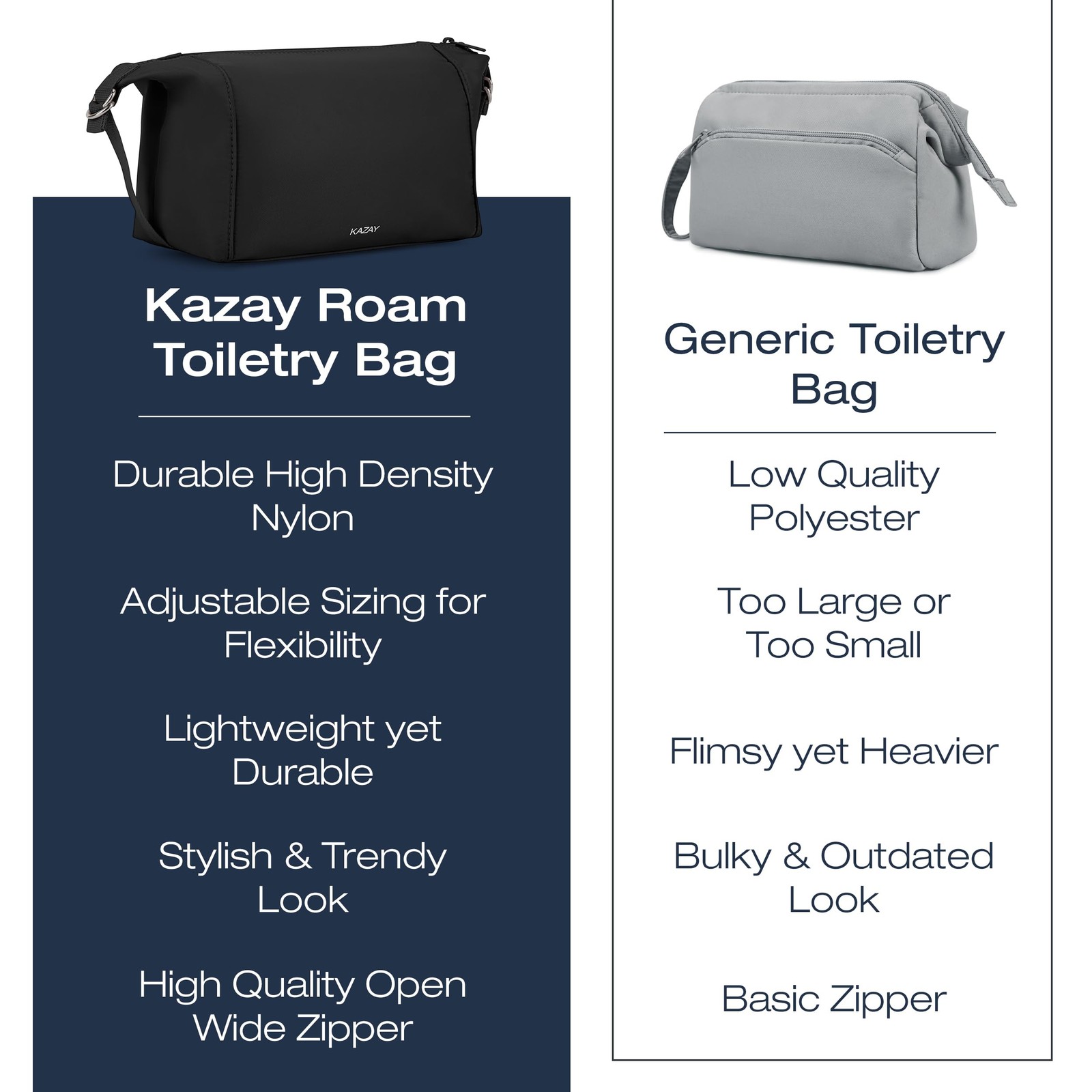 KAZAY Expandable Toiletry Bag with Side Clips for Adjustable Sizing, Black