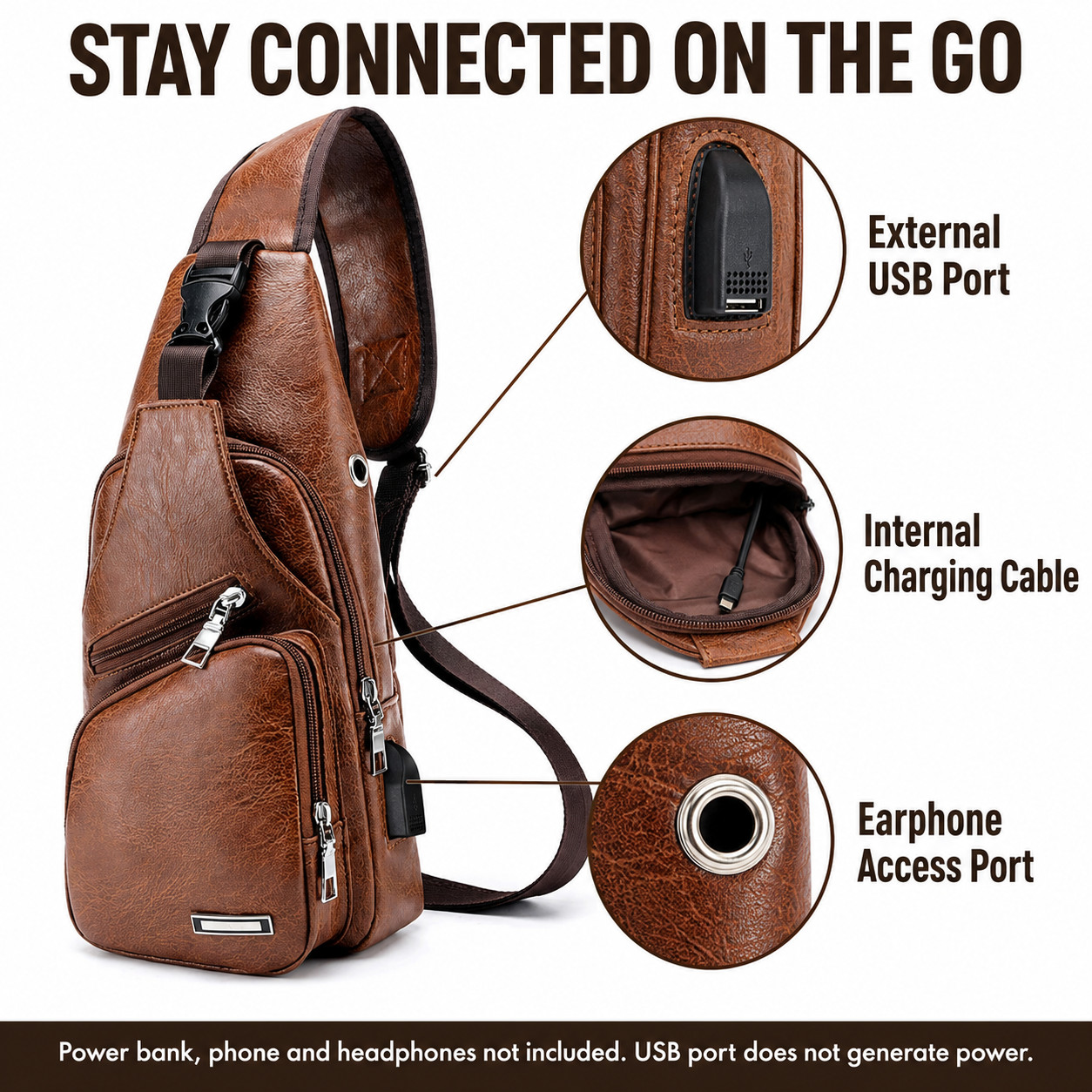 Chest Crossbody Bag Sling Backpack for Men with USB Charge Port Hole