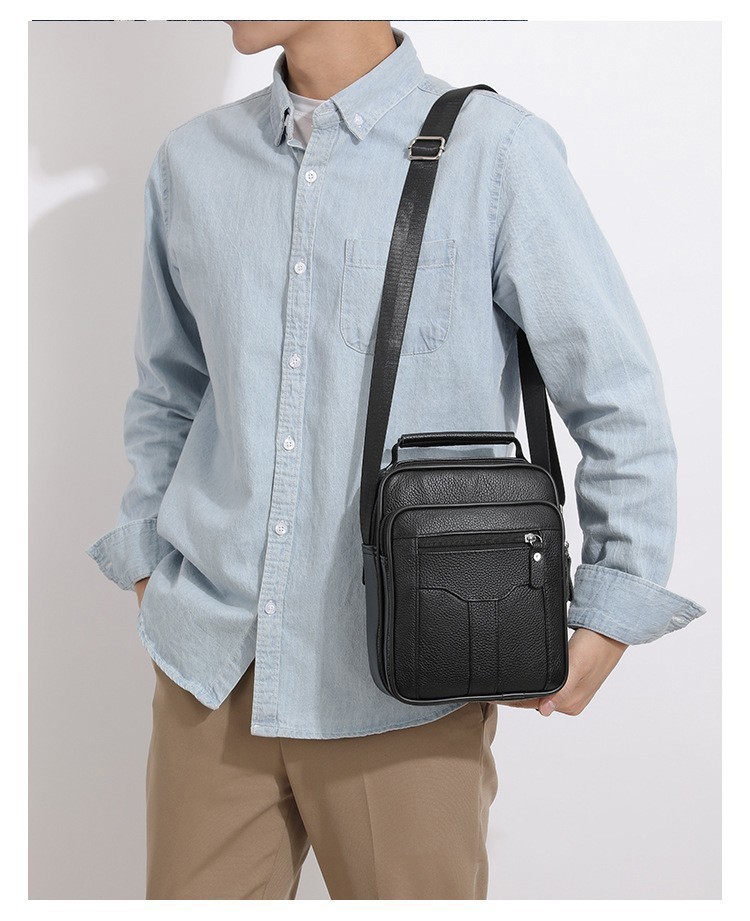 Men Leather Shoulder Bag Durable Crossbody Messenger Front Back Pockets Business