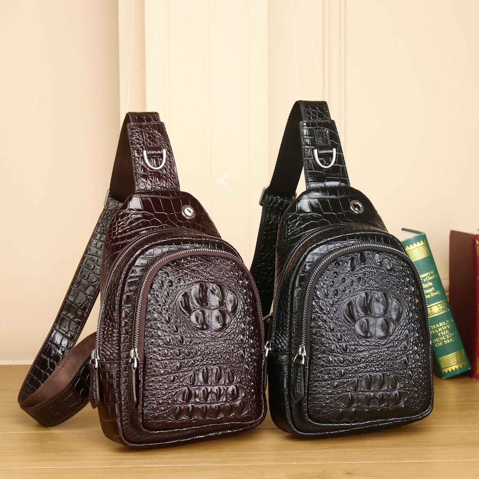 Genuine Leather Men’s Sling Backpack, Crocodile Pattern Crossbody Bags Daypack