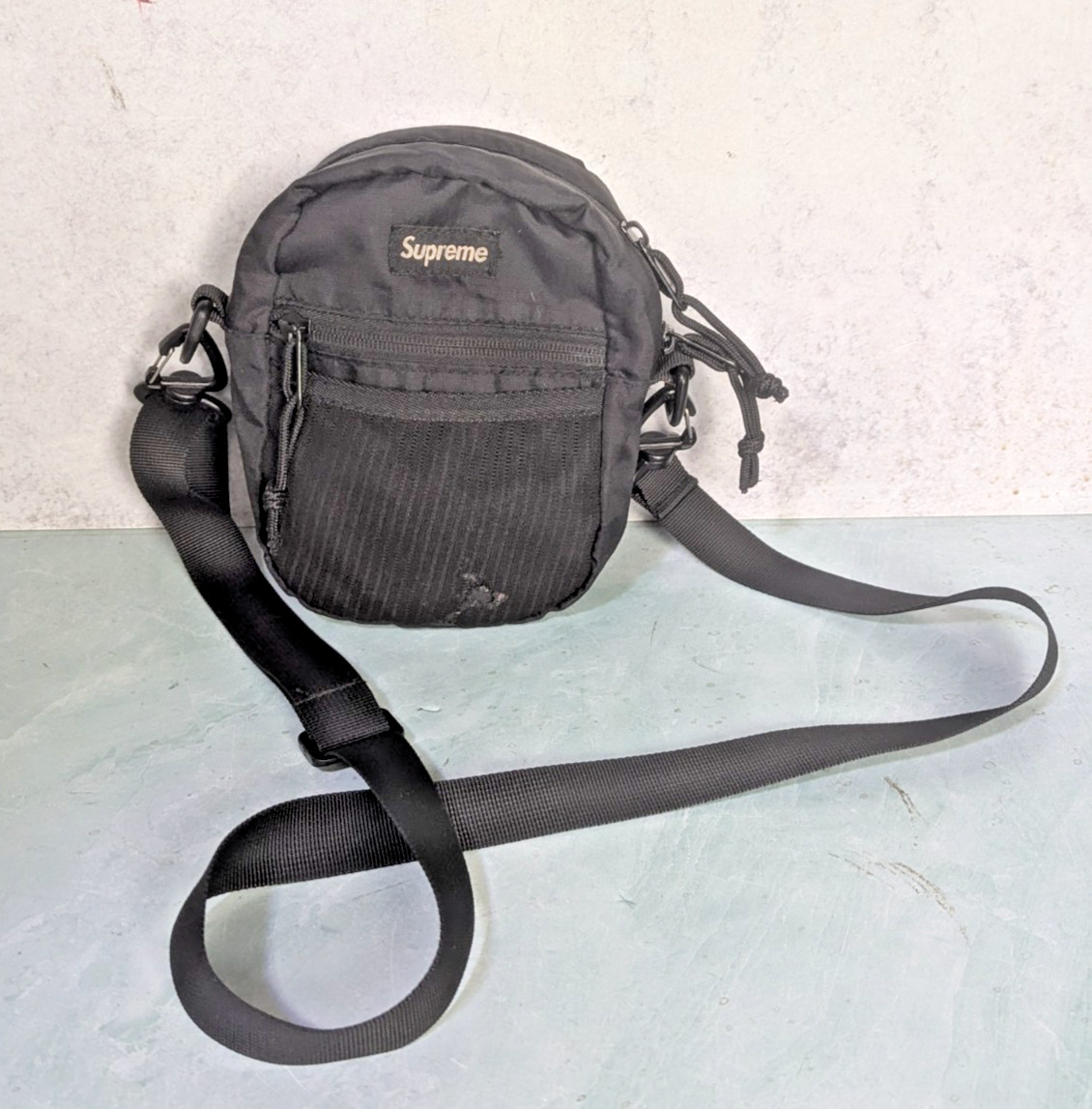 Authentic Supreme Cordura Fabric Shoulder Crossbody Bag SS18 Black Burn Hole SEE
