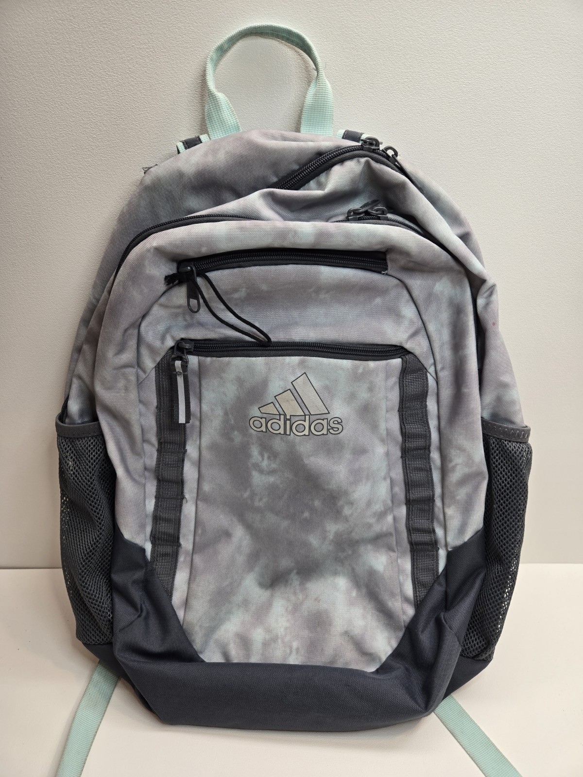 adidas gray/teal backpack load spring straps 4 zipper compartments 2 bottle