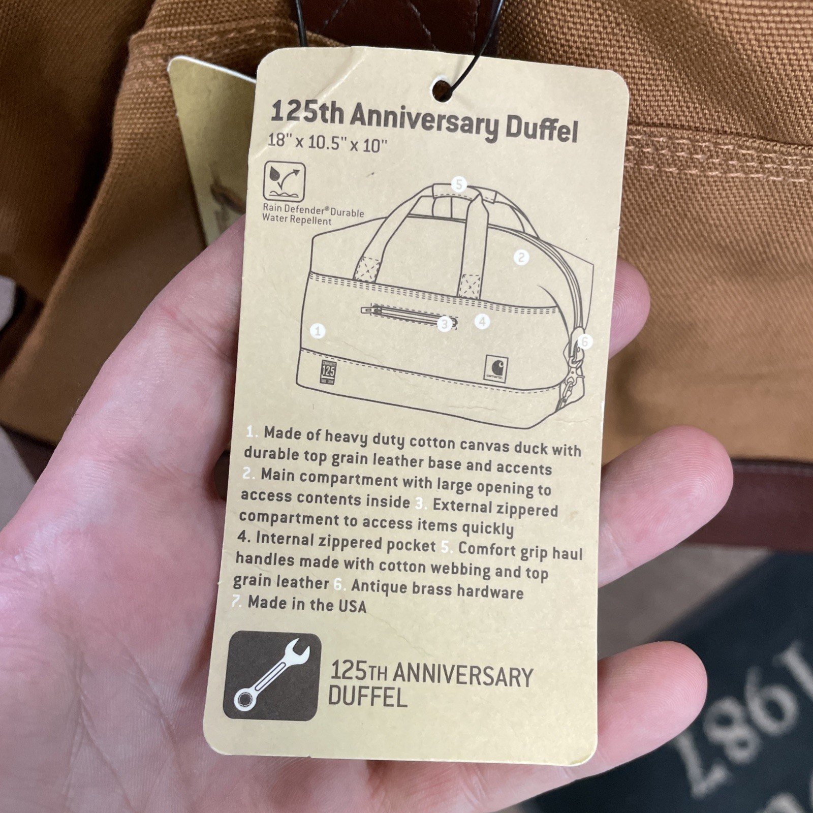 Carhartt Bag Made In USA 125th Anniversary Duffel Duck Leather Brass 18×10.5×10”
