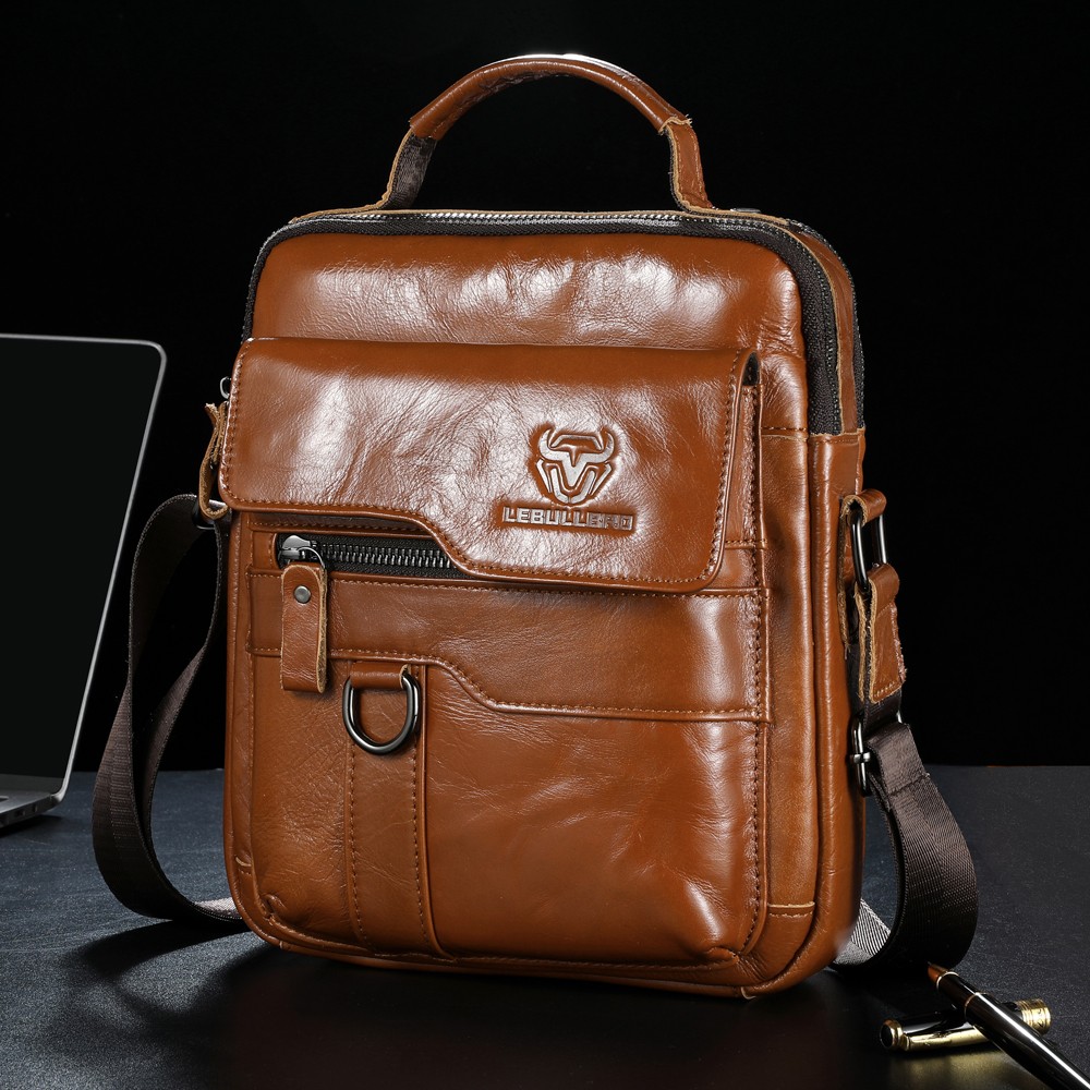 Genuine Leather Men’s Crossbody Bag Multi Pocket Shoulder Messenger Bag for Work